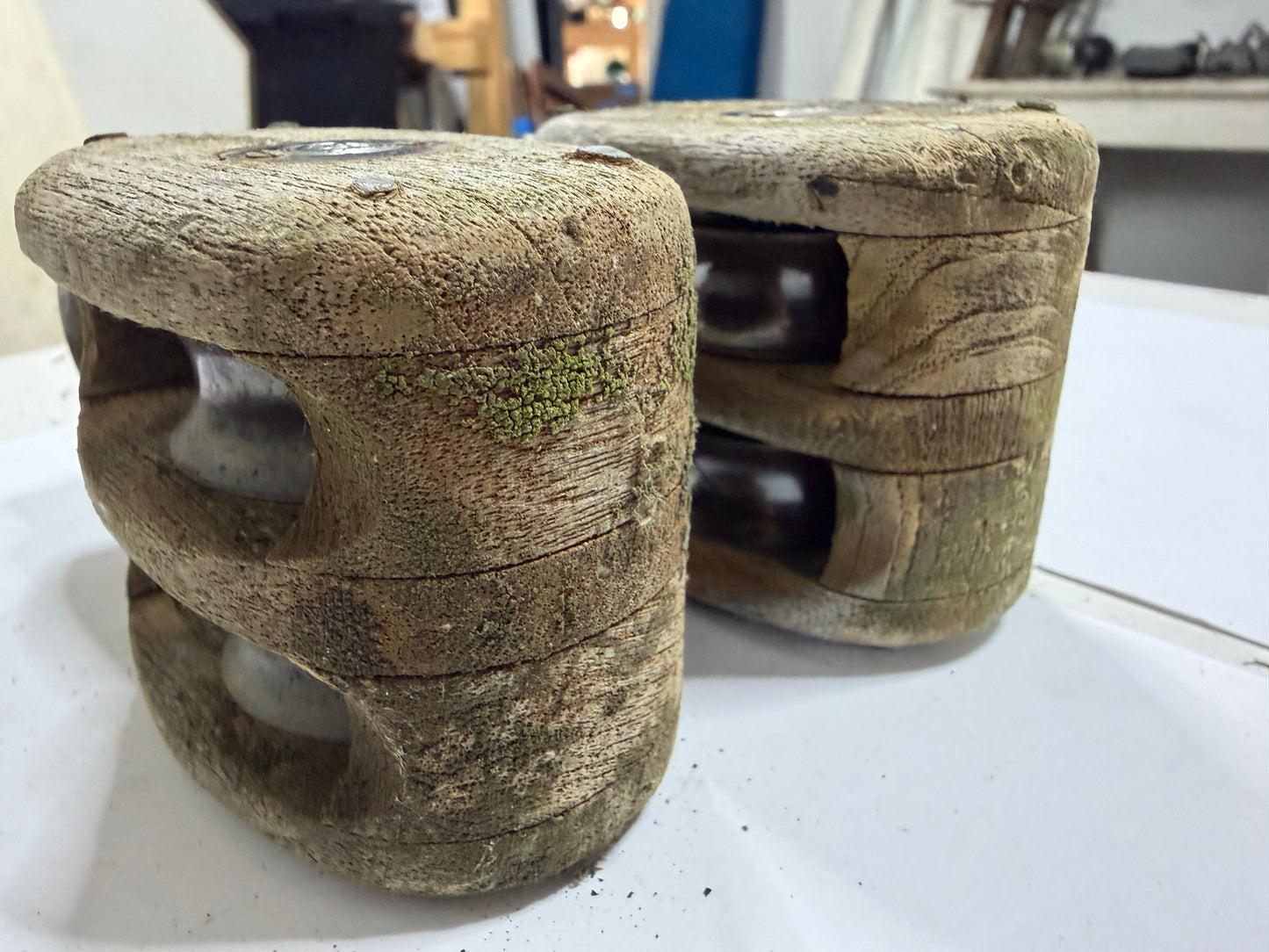 PAIR Vintage Wooden Double Blocks - 1 7/8" Sheave - 3/8" Line - Downeaster 38