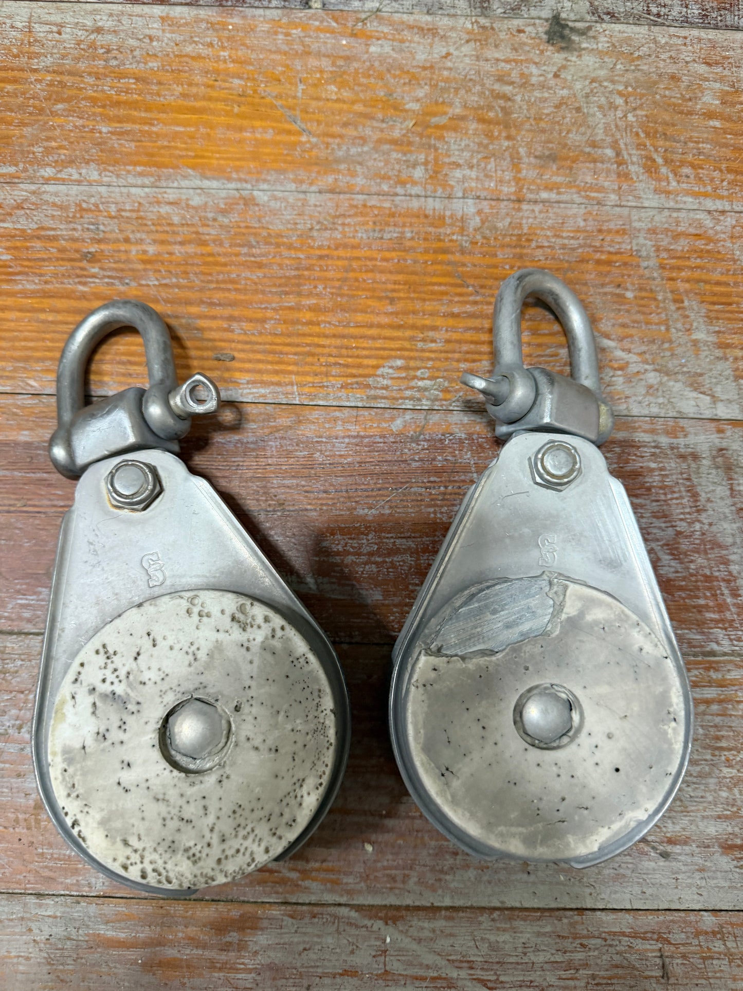 PAIR Large Schaefer 3 1/4" Sheave - 9/16" Line Single Swivel Blocks With D Shackles
