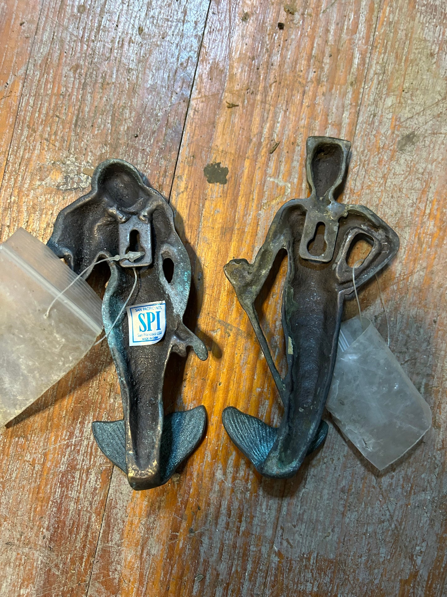 SPI San Pacific Cast Iron Neptune & Mermaid Wall Hooks Nautical Decor Verdigris Pair