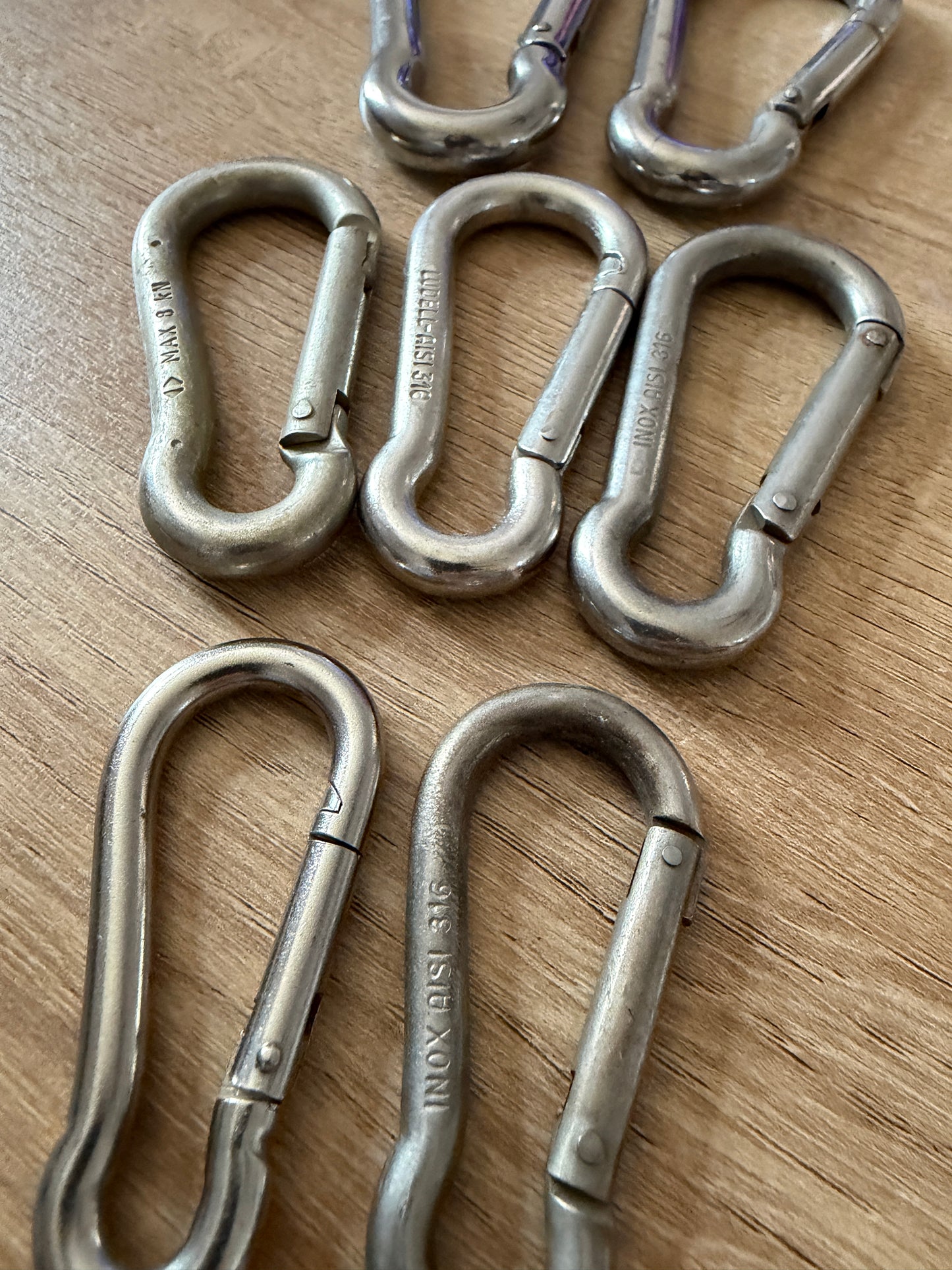 LOT of 7 Stainless Steel Carabiners - ALL DIFFERENT SIZES