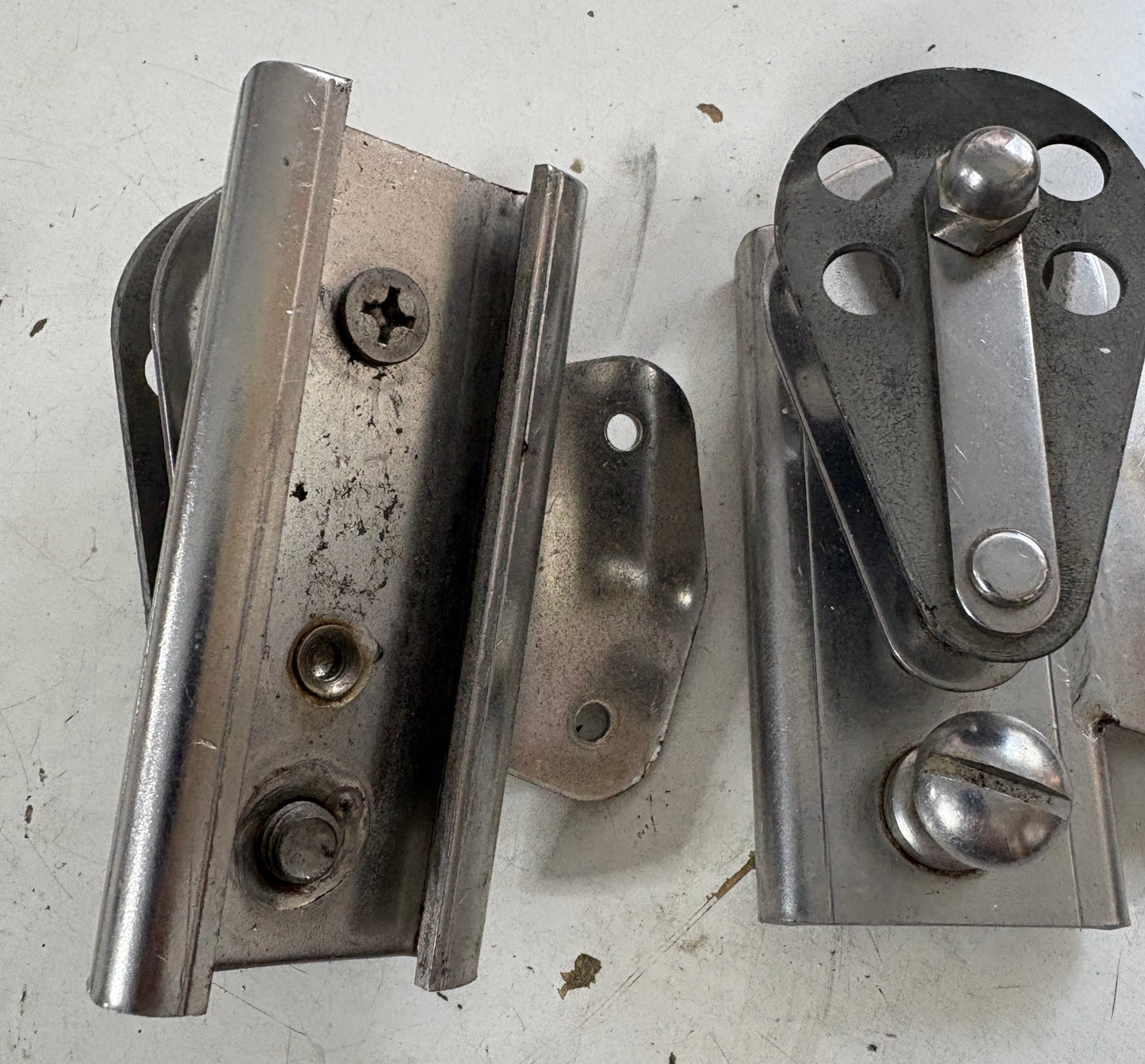 Double Cheek Block Track Car Pair for 1 1/2" track NEEDS NEW SHEAVES and CAMS