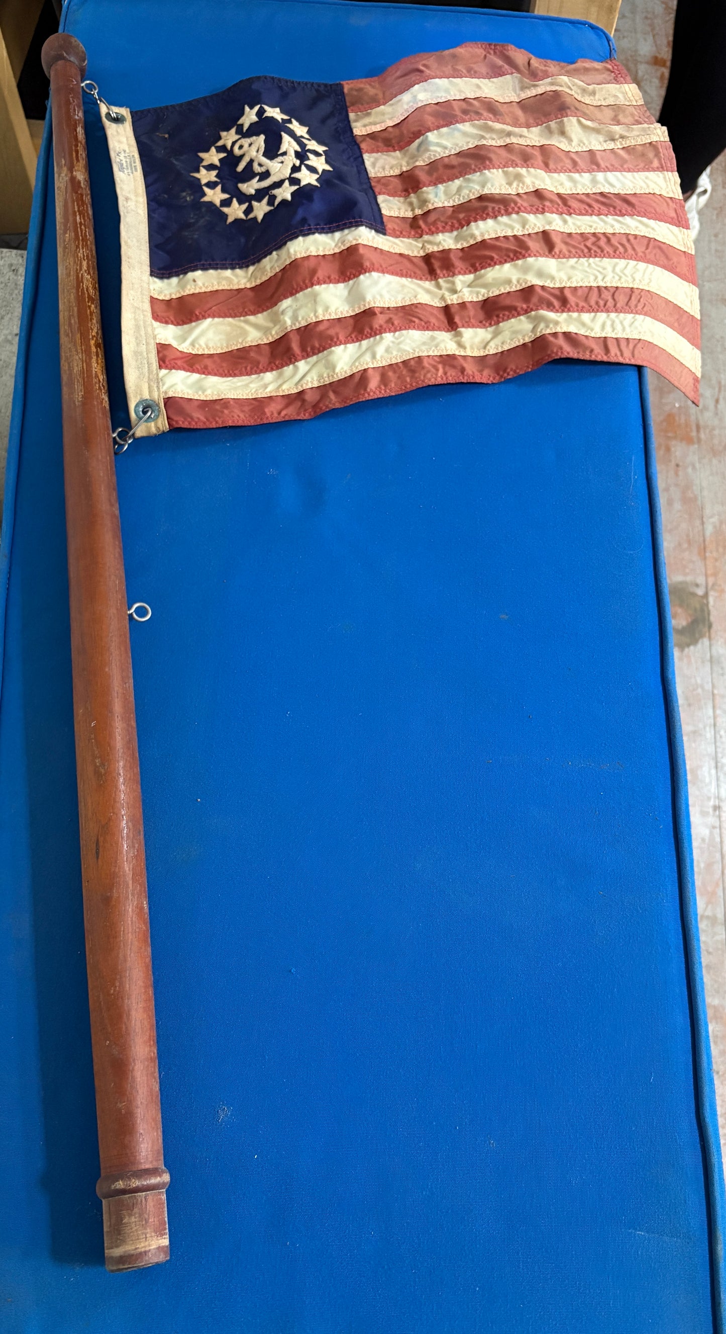 Vintage US Yacht Ensign Flag and Teak Pole 36"