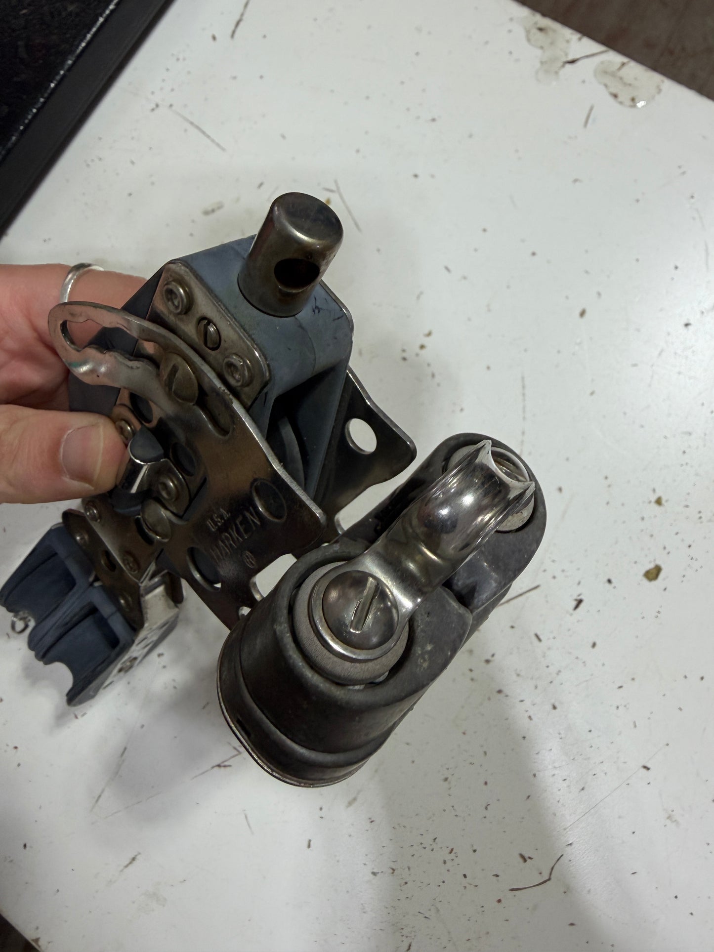 Small Harken 2 1/8" Ratcheting Single Block & Cam Cleat With 1 1/2" Sheave Double Block - 3/8" Line