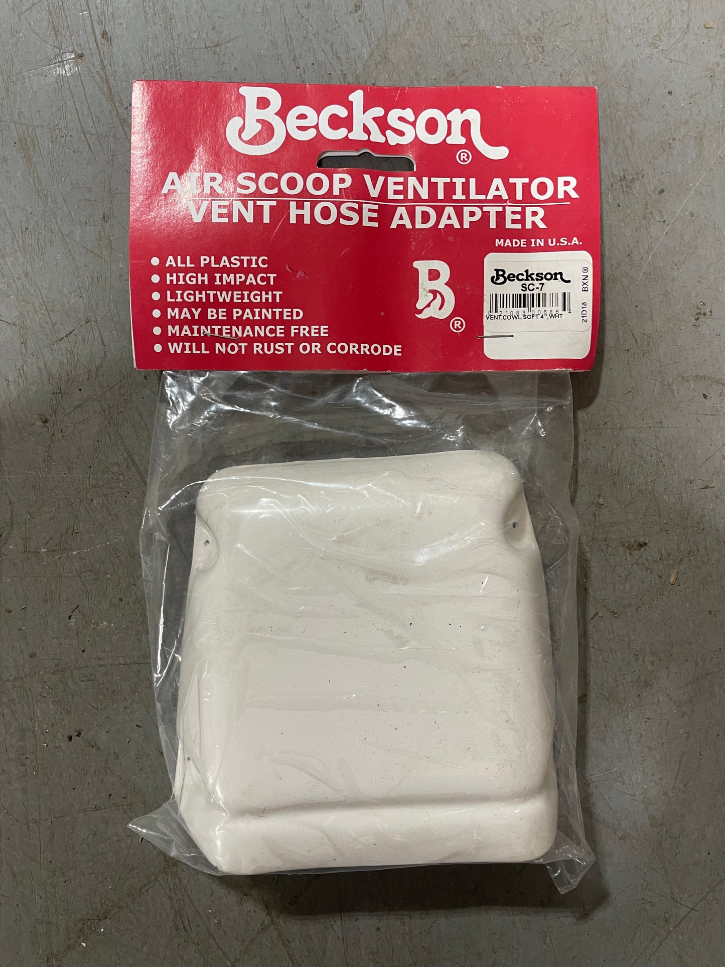 Beckson air scoop ventilator vent hose adapter with packaging on a gray surface