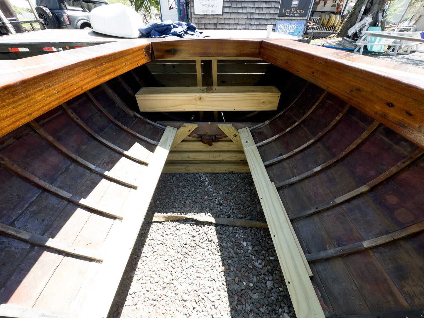 Hand Made Walk In Bar Made From Middle Of 1960’s Seafarer 23 Wooden Sailboat