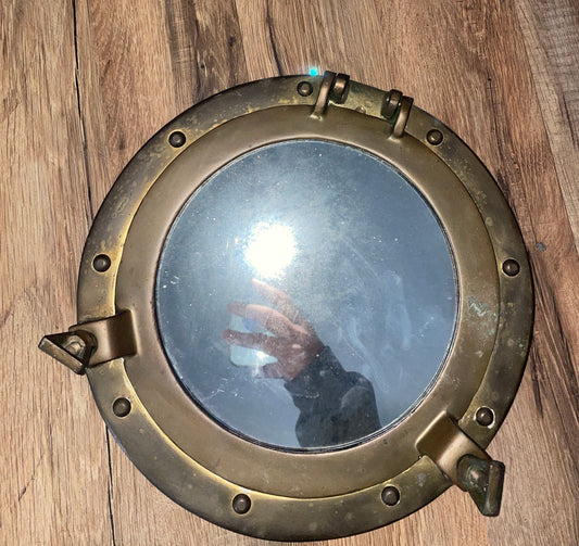 11 3/8” Brass Porthole Mirror - Missing Pin That Allows It To Open