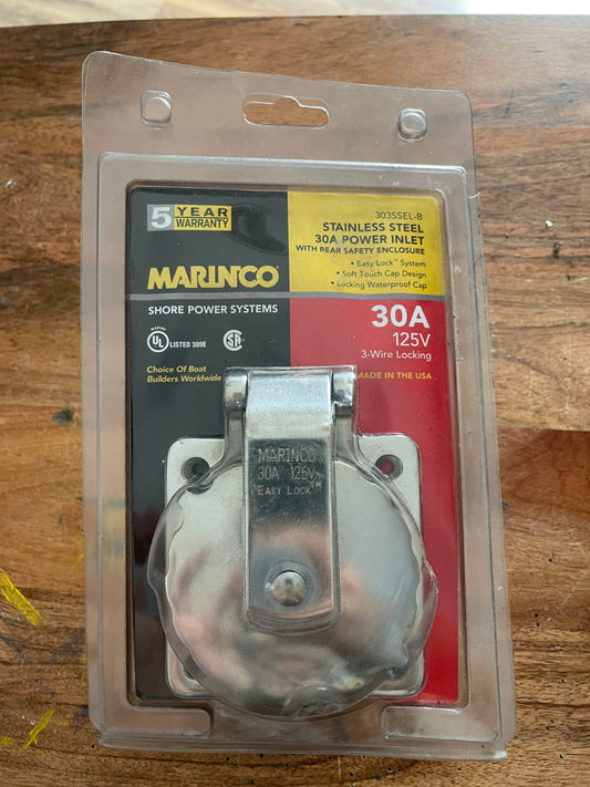 Marinco Stainless steel 30A Power Inlet MODEL 303SSEL-B. NEW