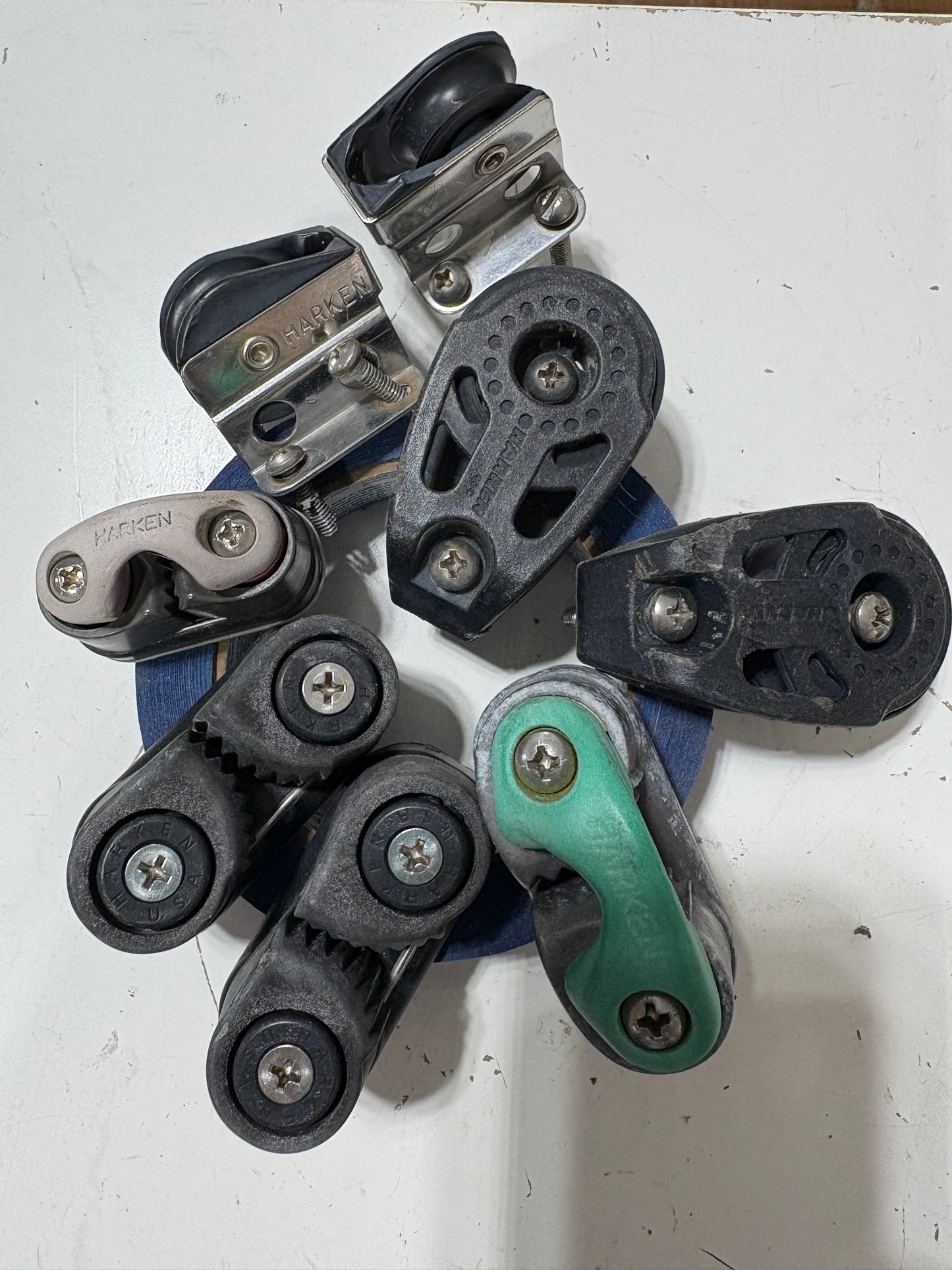 Traveler and Deck Hardware from J29, all Harken Parts - Cam Cleats & Blocks