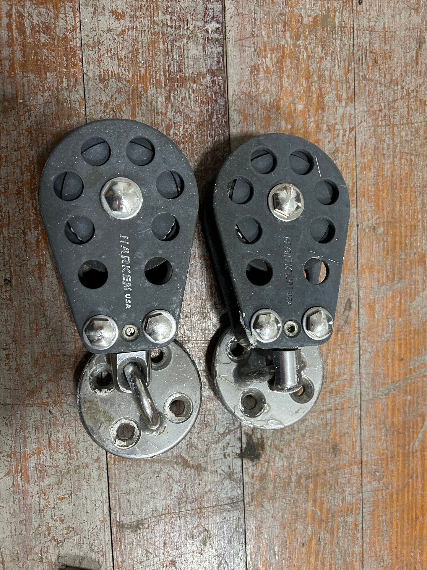 4.5" x 2.75" PAIR of Harken USA Single Blocks w/ Deck Mount Bases
