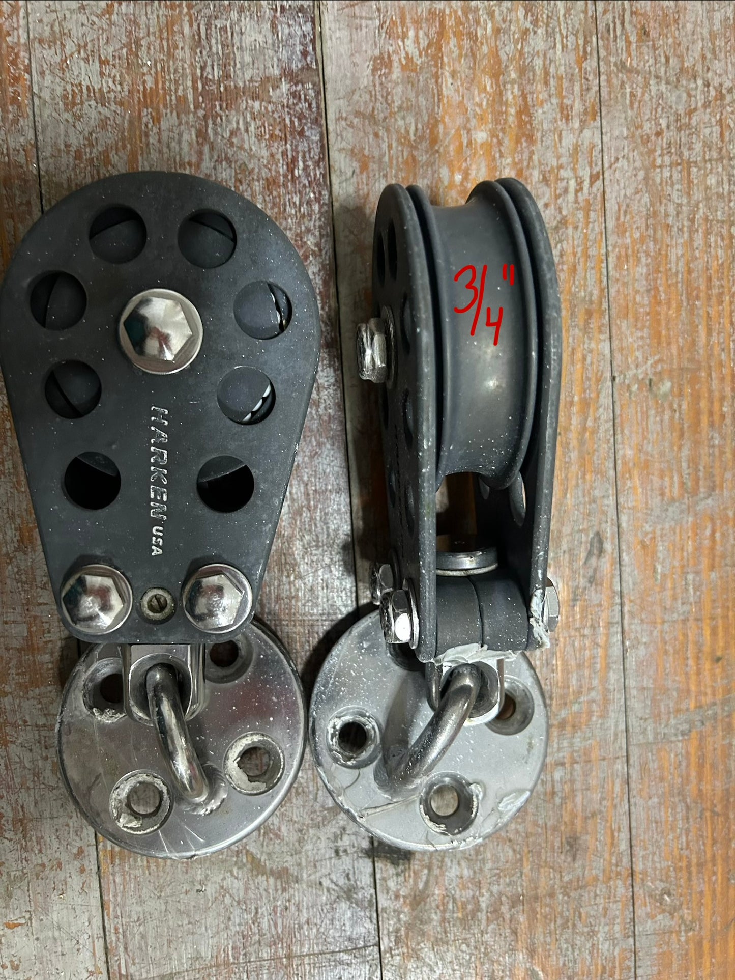 4.5" x 2.75" PAIR of Harken USA Single Blocks w/ Deck Mount Bases
