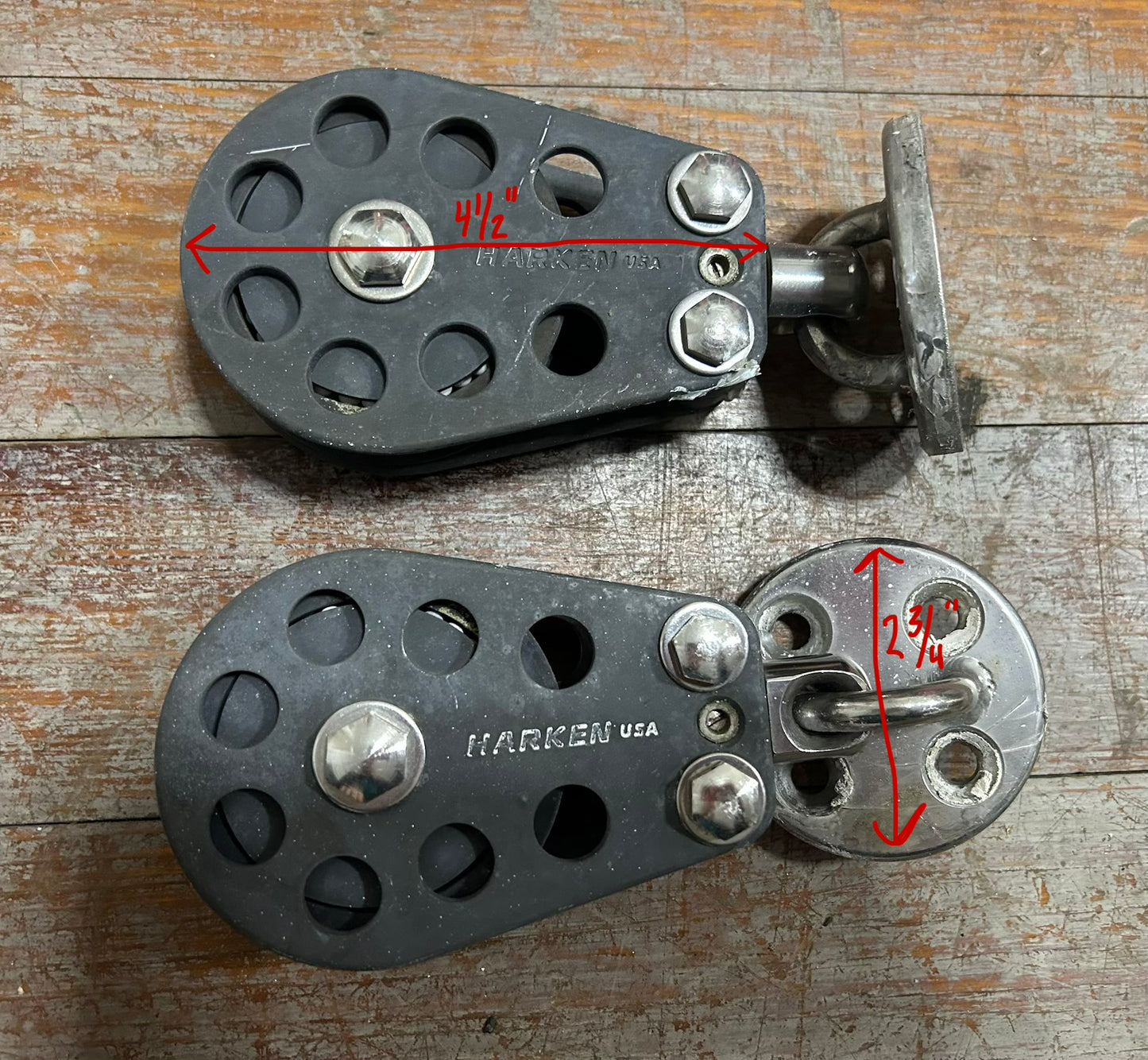 4.5" x 2.75" PAIR of Harken USA Single Blocks w/ Deck Mount Bases
