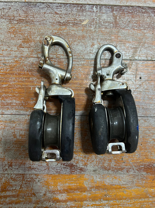 LOT OF  2 Nicro Marine Snatch Blocks w/ Swivel Snap Shackles – 1-3/4” Sheaves  - Humphries IOR