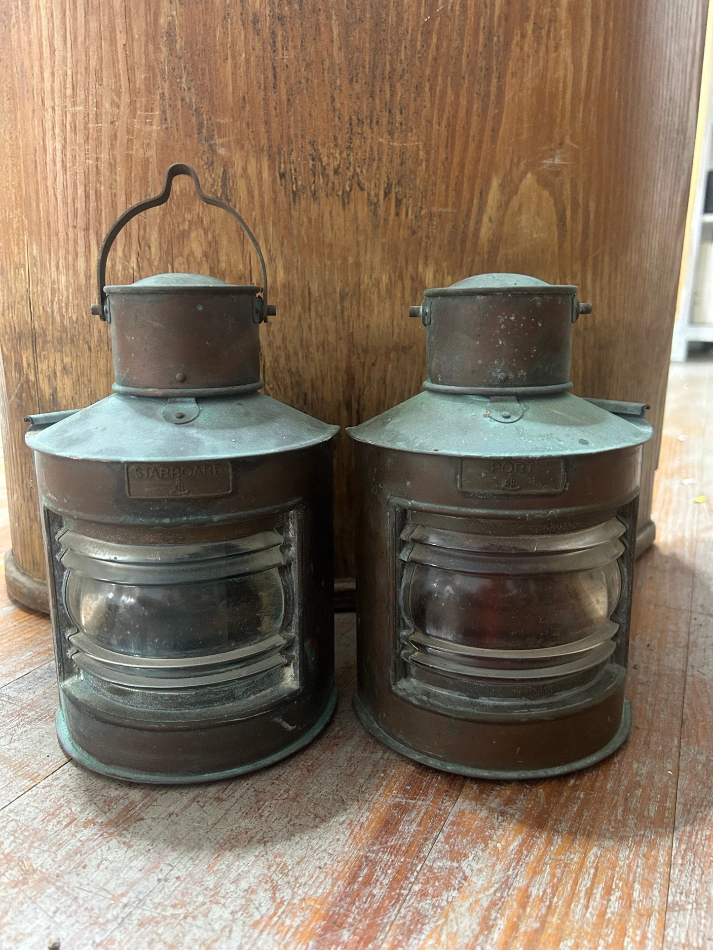 Vintage Copper Port & Starboard Kerosene Boat Navigation Lanterns Pair