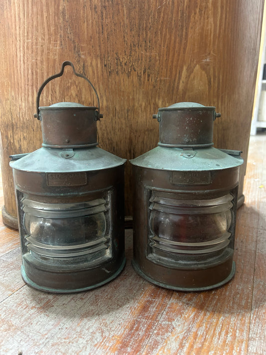 Vintage Copper Port & Starboard Kerosene Boat Navigation Lanterns Pair