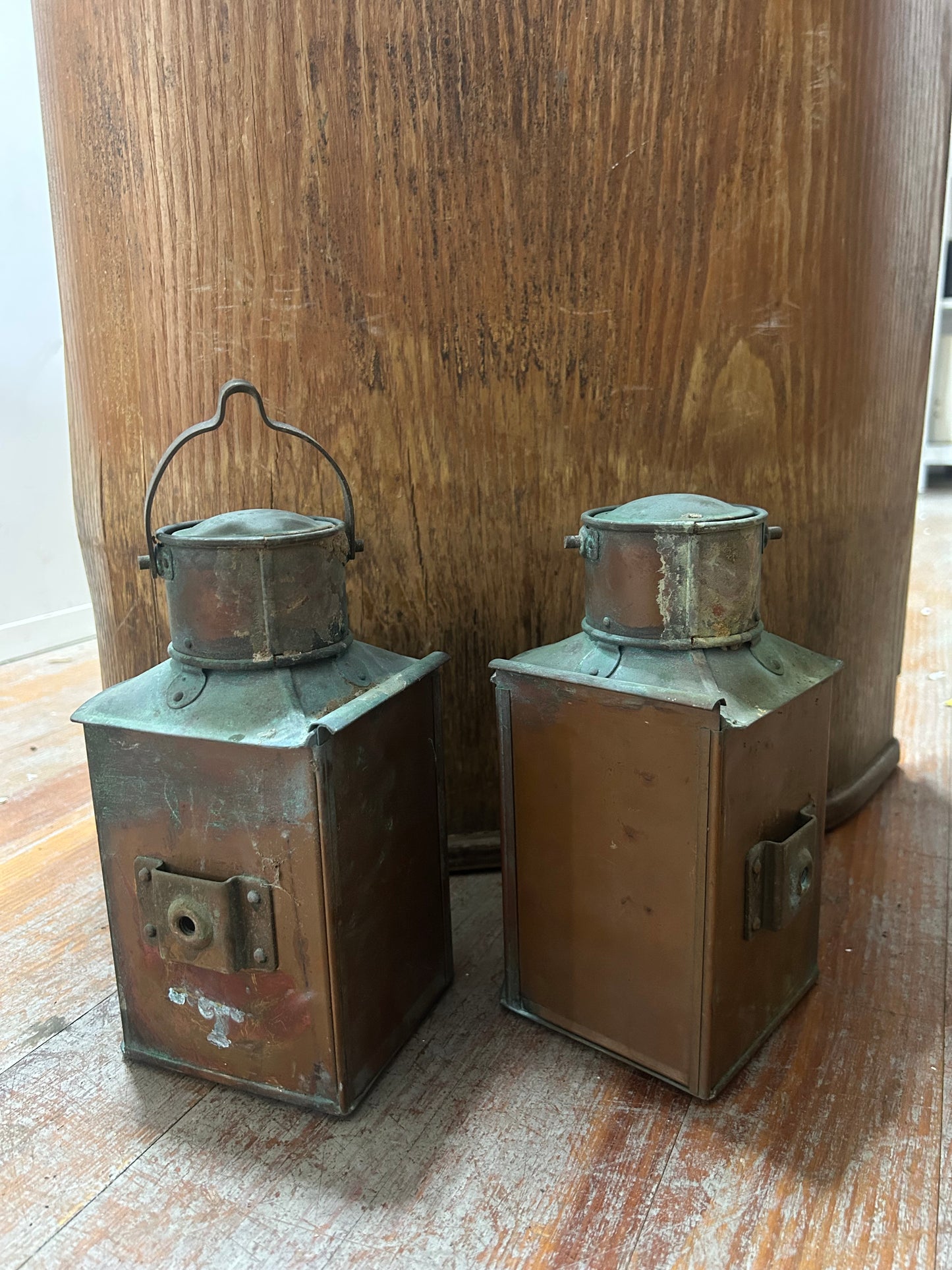Vintage Copper Port & Starboard Kerosene Boat Navigation Lanterns Pair
