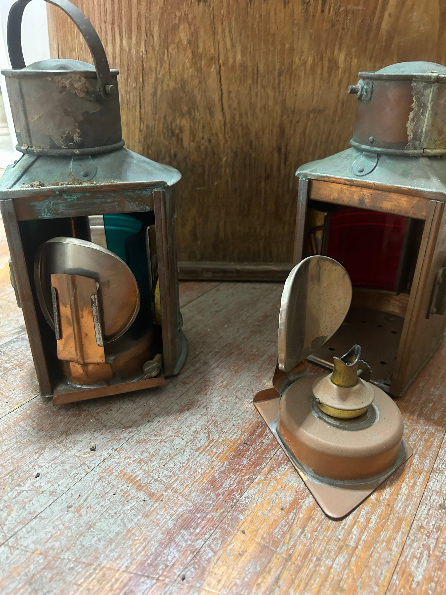 Vintage Copper Port & Starboard Kerosene Boat Navigation Lanterns Pair
