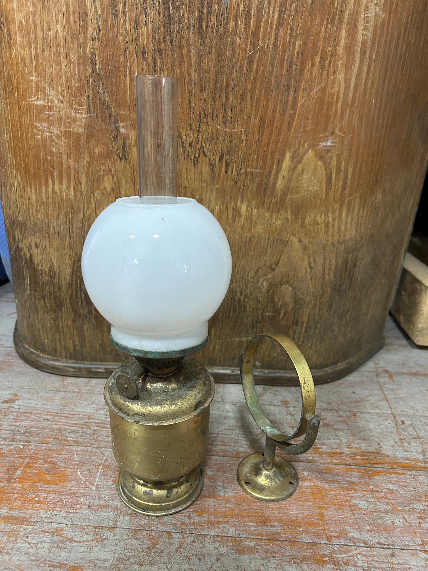 Vintage Solid Brass Marine Kerosene Lamp w/ Wall Mount Bracket Milk Glass Shade