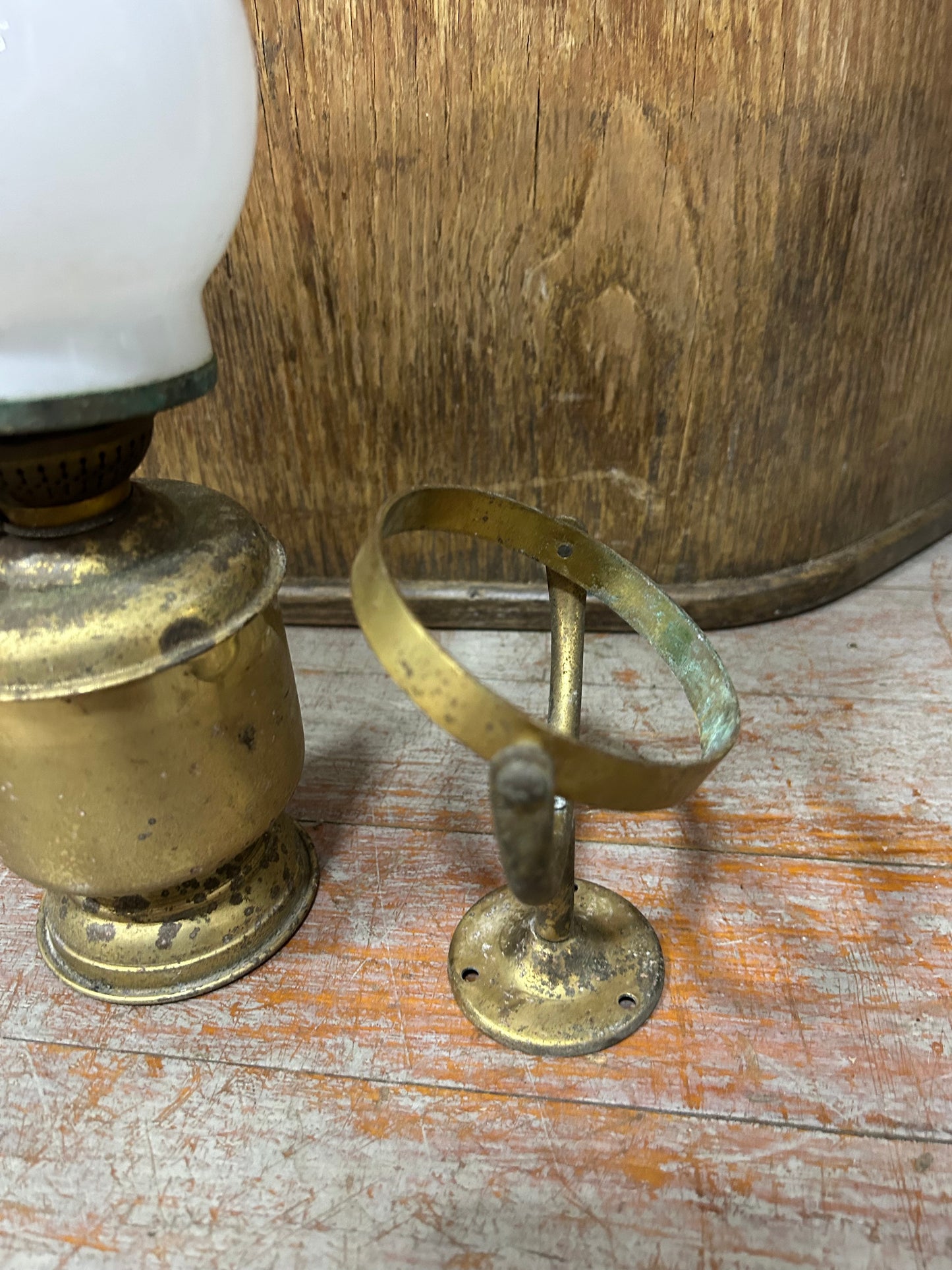 Vintage Solid Brass Marine Kerosene Lamp w/ Wall Mount Bracket Milk Glass Shade