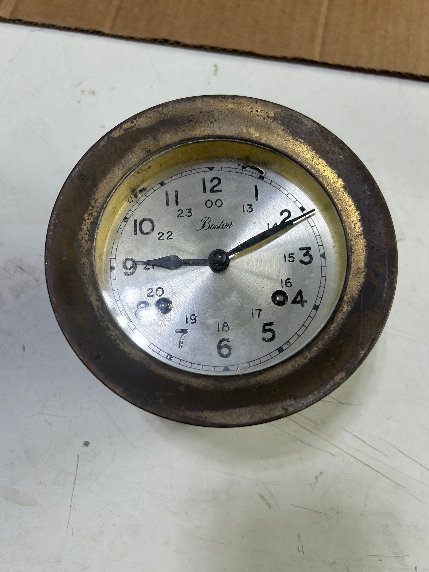 Vintage Boston Brass Marine Bulkhead Clock 5.5” Nautical 8-Day Wind-Up