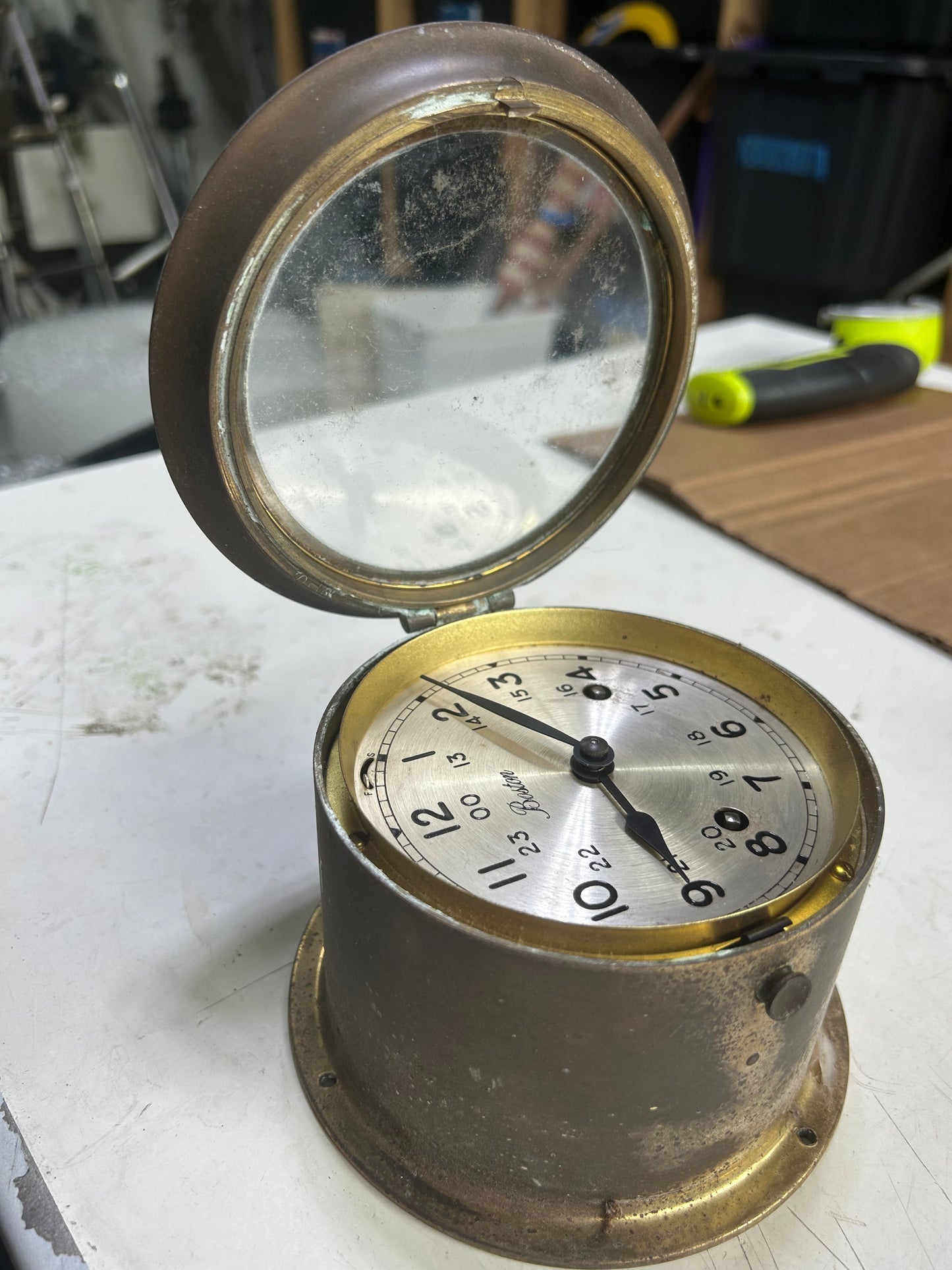 Vintage Boston Brass Marine Bulkhead Clock 5.5” Nautical 8-Day Wind-Up