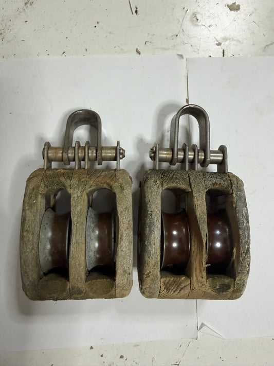 PAIR Vintage Wooden Double Blocks - 1 7/8" Sheave - 3/8" Line - Downeaster 38