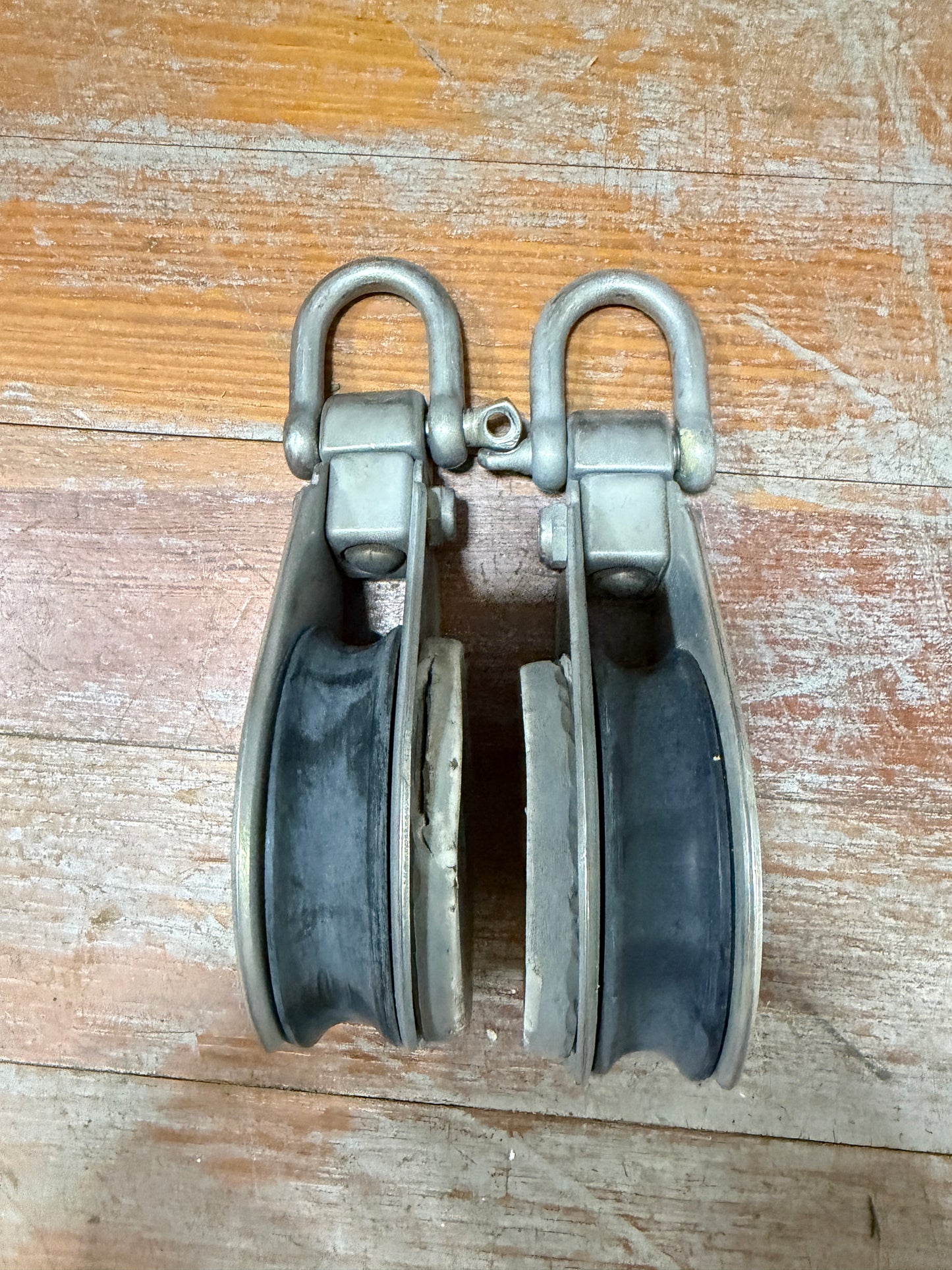 PAIR Large Schaefer 3 1/4" Sheave - 9/16" Line Single Swivel Blocks With D Shackles