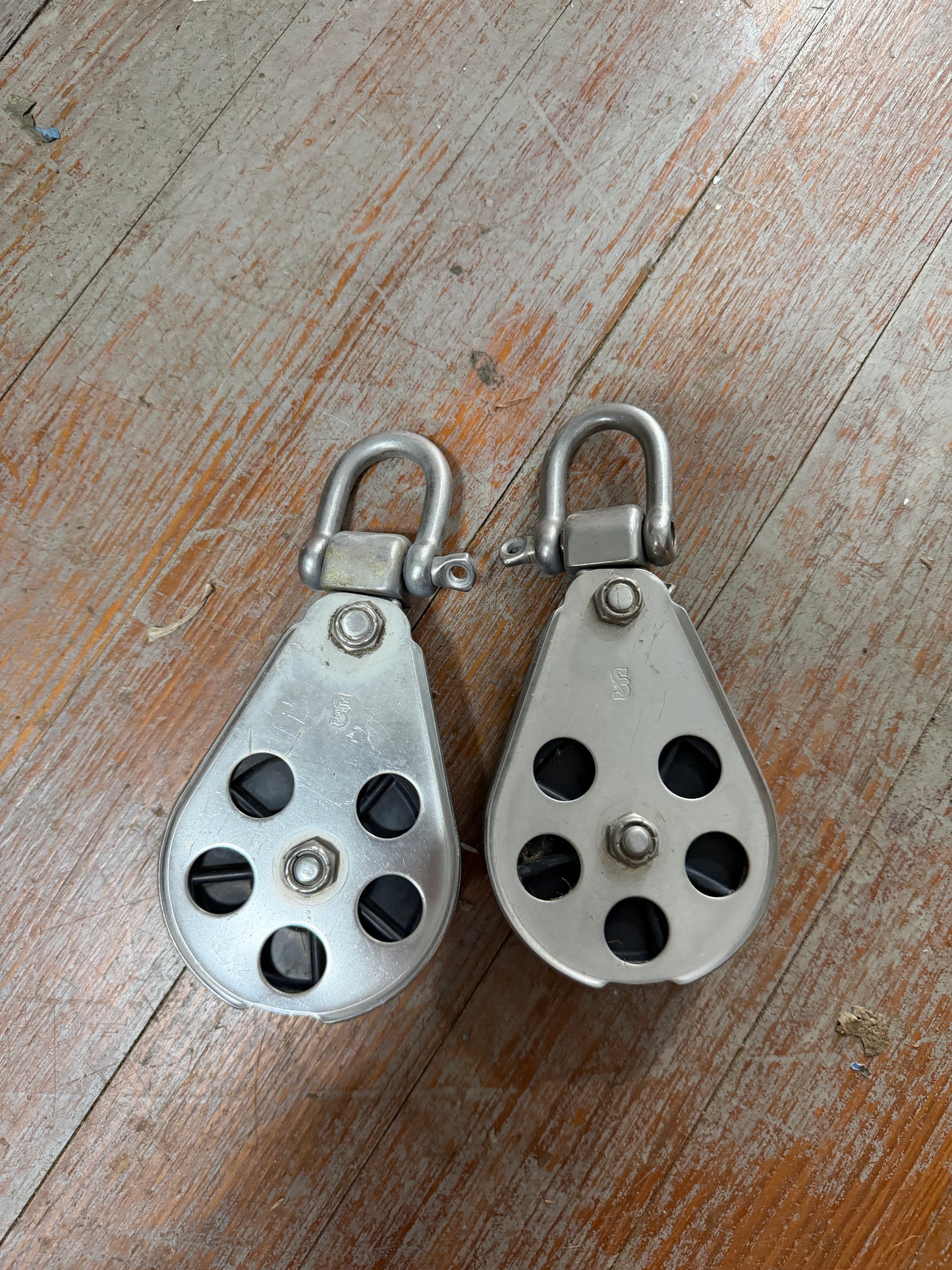 PAIR Large Schaefer 3 1/4" Sheave - 9/16" Line Single Swivel Blocks With D Shackles