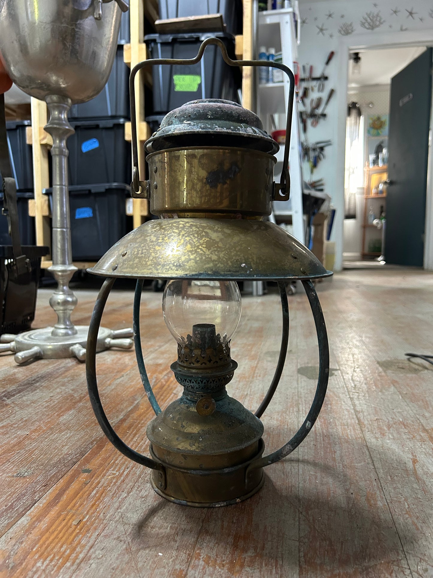 Antique Brass Maritime Hanging Oil Lantern 17-1/4” Tall