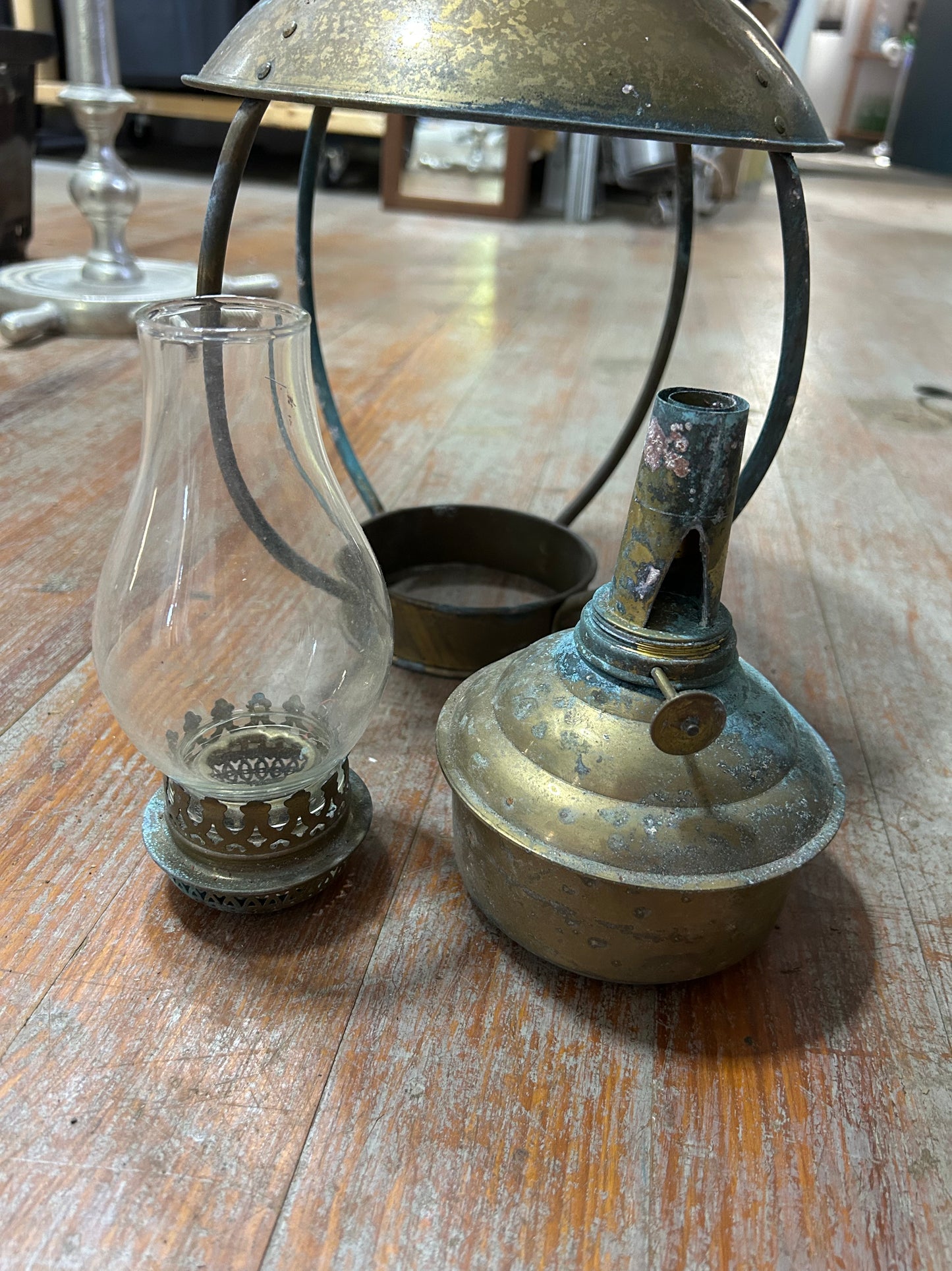 Antique Brass Maritime Hanging Oil Lantern 17-1/4” Tall