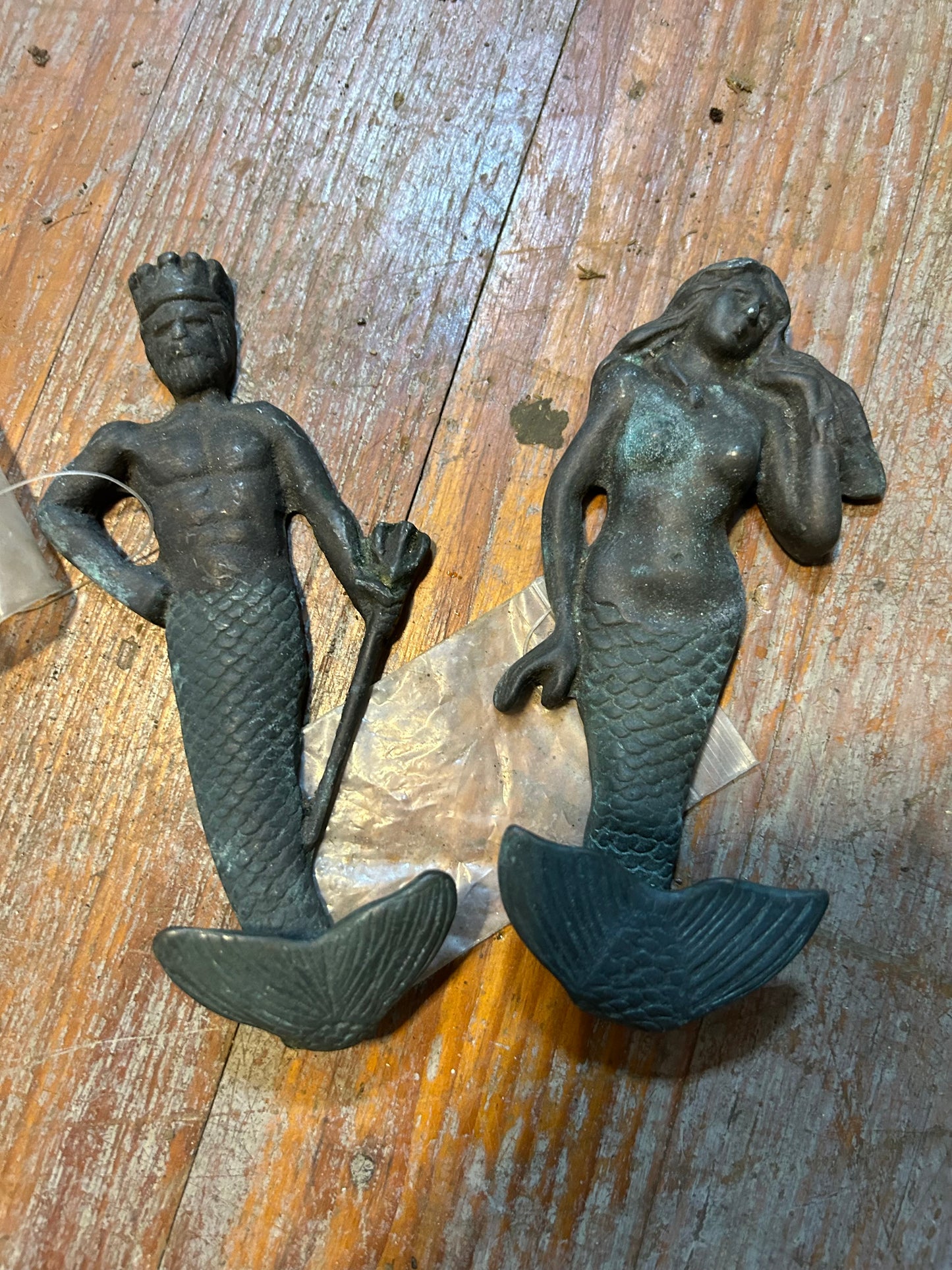 SPI San Pacific Cast Iron Neptune & Mermaid Wall Hooks Nautical Decor Verdigris Pair