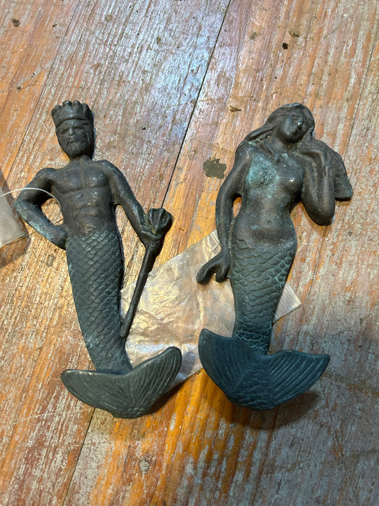 SPI San Pacific Cast Iron Neptune & Mermaid Wall Hooks Nautical Decor Verdigris Pair
