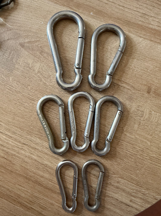 LOT of 7 Stainless Steel Carabiners - ALL DIFFERENT SIZES