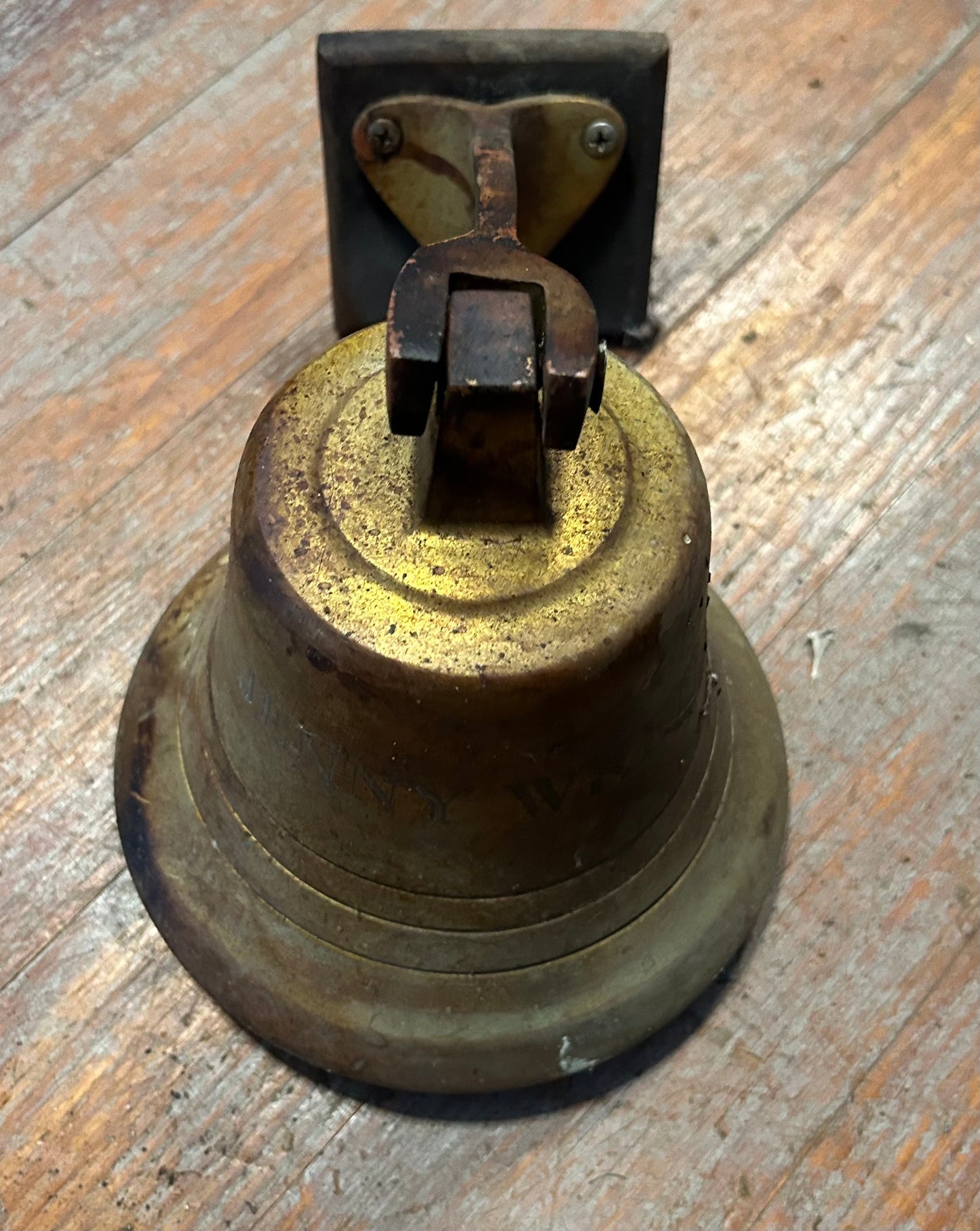 Vintage Solid Bronze Ship Bell Wall Mount “Jenny Wren” Nautical Boat Bell 6.5”