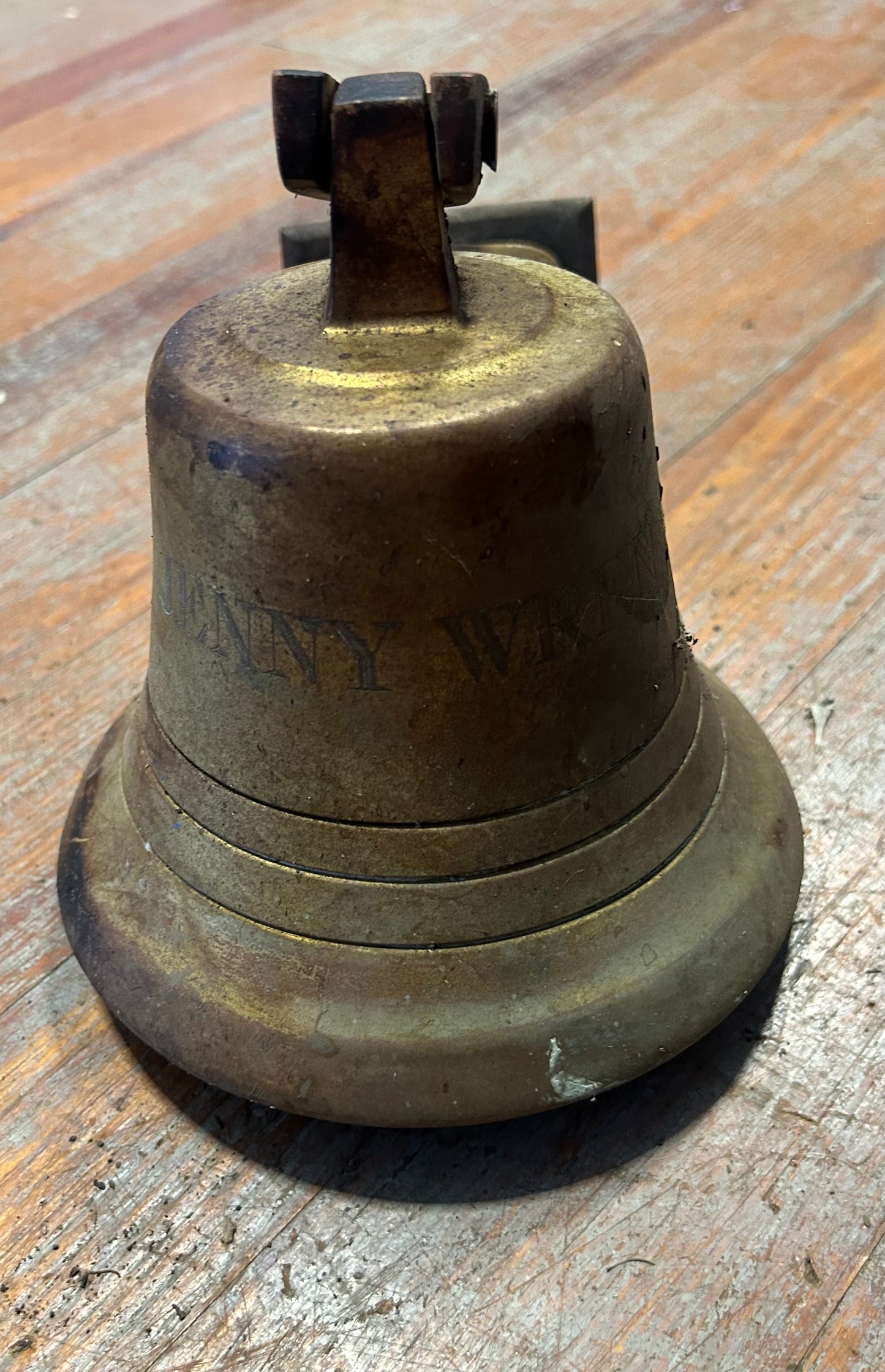 Vintage Solid Bronze Ship Bell Wall Mount “Jenny Wren” Nautical Boat Bell 6.5”