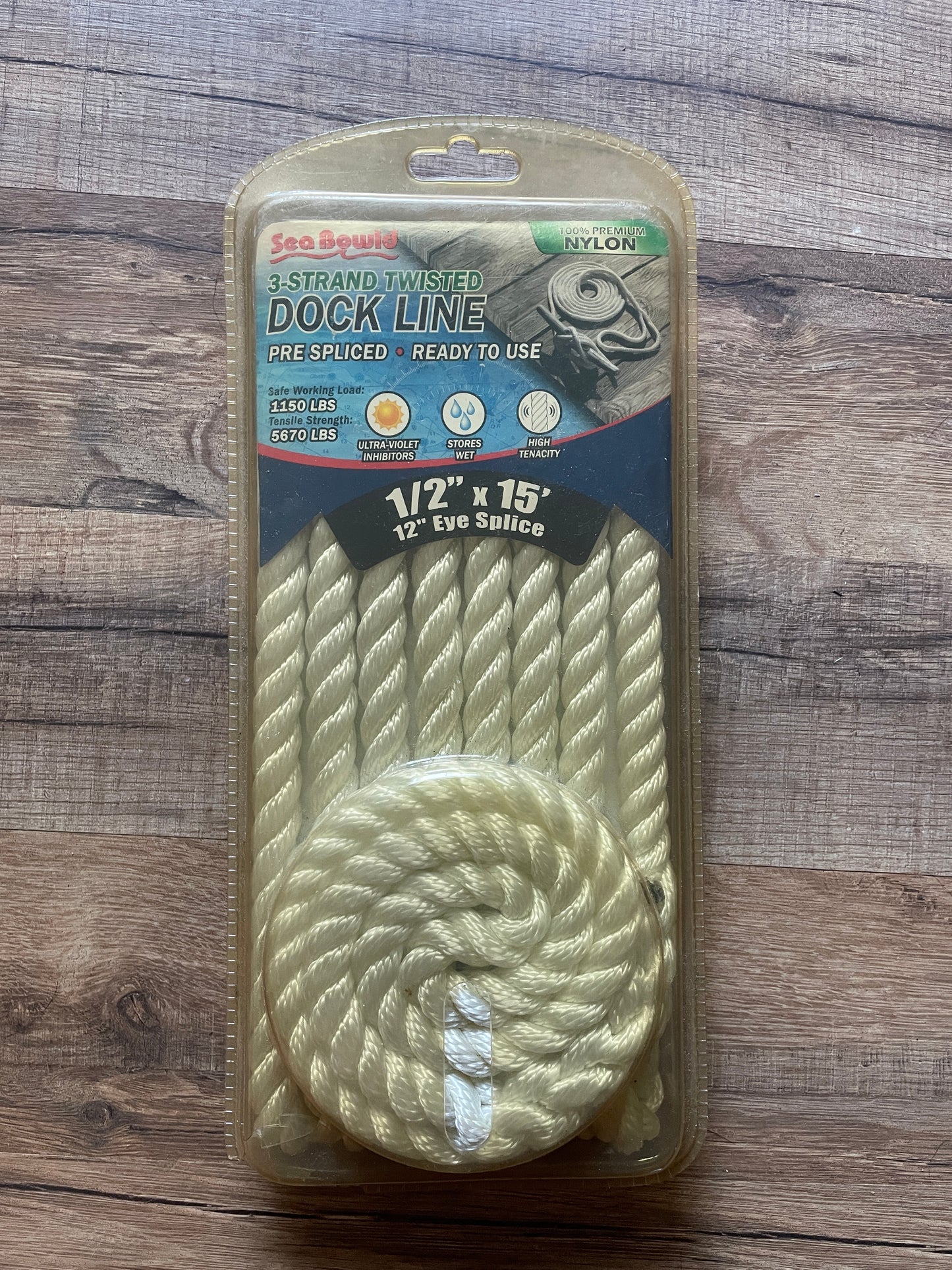 3 Strand Twisted Dock Line 1/2” x 15’ With a 12” eye Splice- NEW