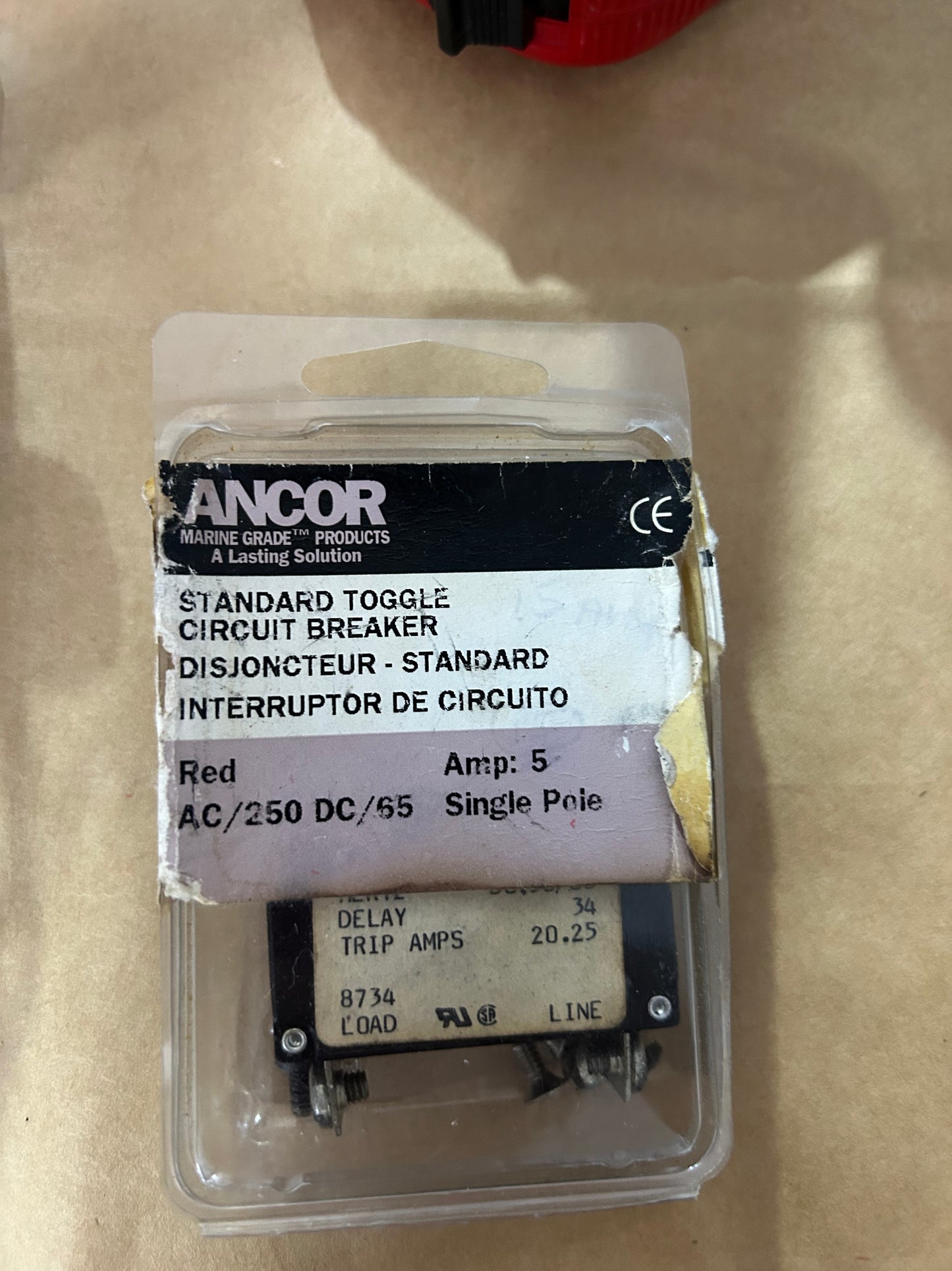 Ancor Marine Grade 5 Amp Single Pole Toggle Circuit Breaker Red 250V