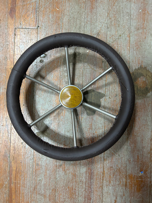 15”  Steering Wheel Black Vinyl Stainless 6 Spoke 3/4” Bore with Wood Cap