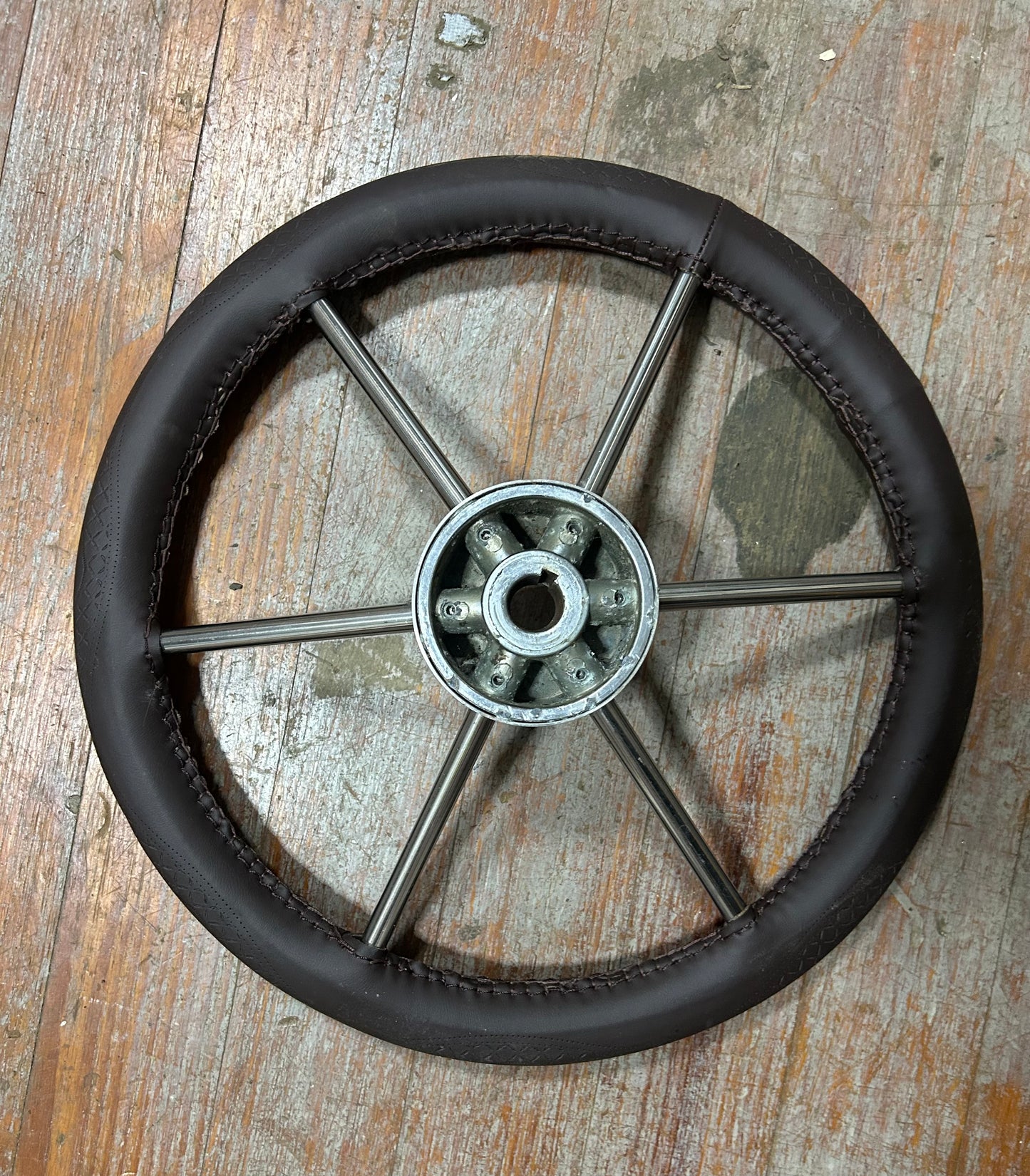 15”  Steering Wheel Black Vinyl Stainless 6 Spoke 3/4” Bore with Wood Cap