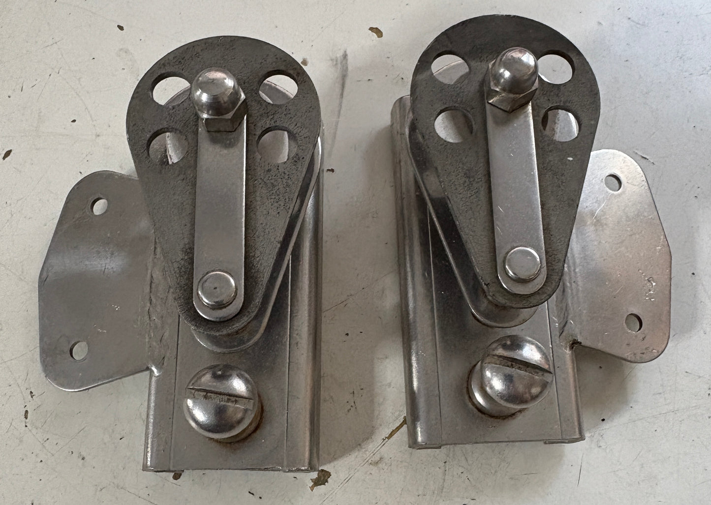 Double Cheek Block Track Car Pair for 1 1/2" track NEEDS NEW SHEAVES and CAMS