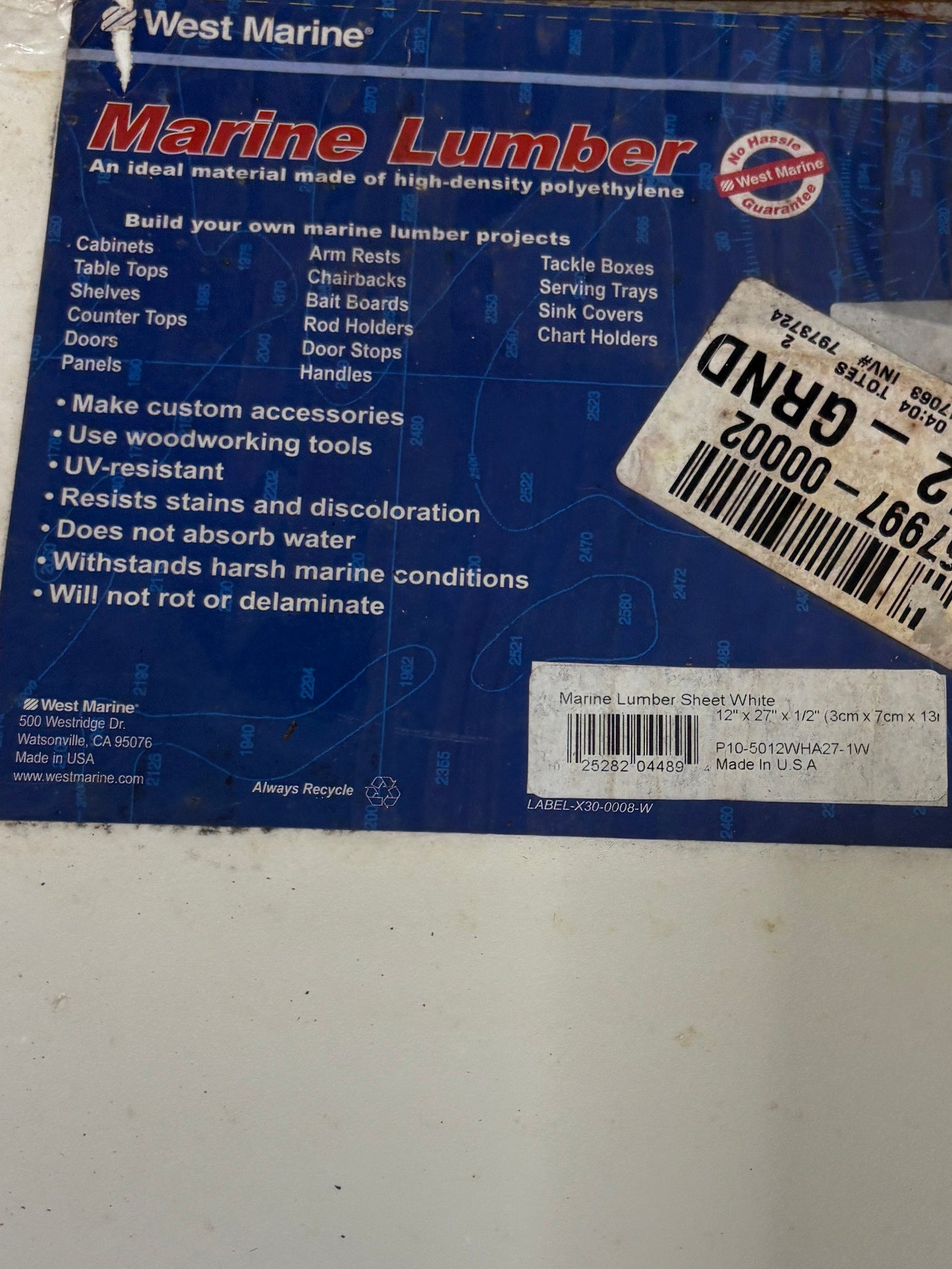 West Marine, Marine Lumber sheet white Polyethylene 12x27x1/2" NEW