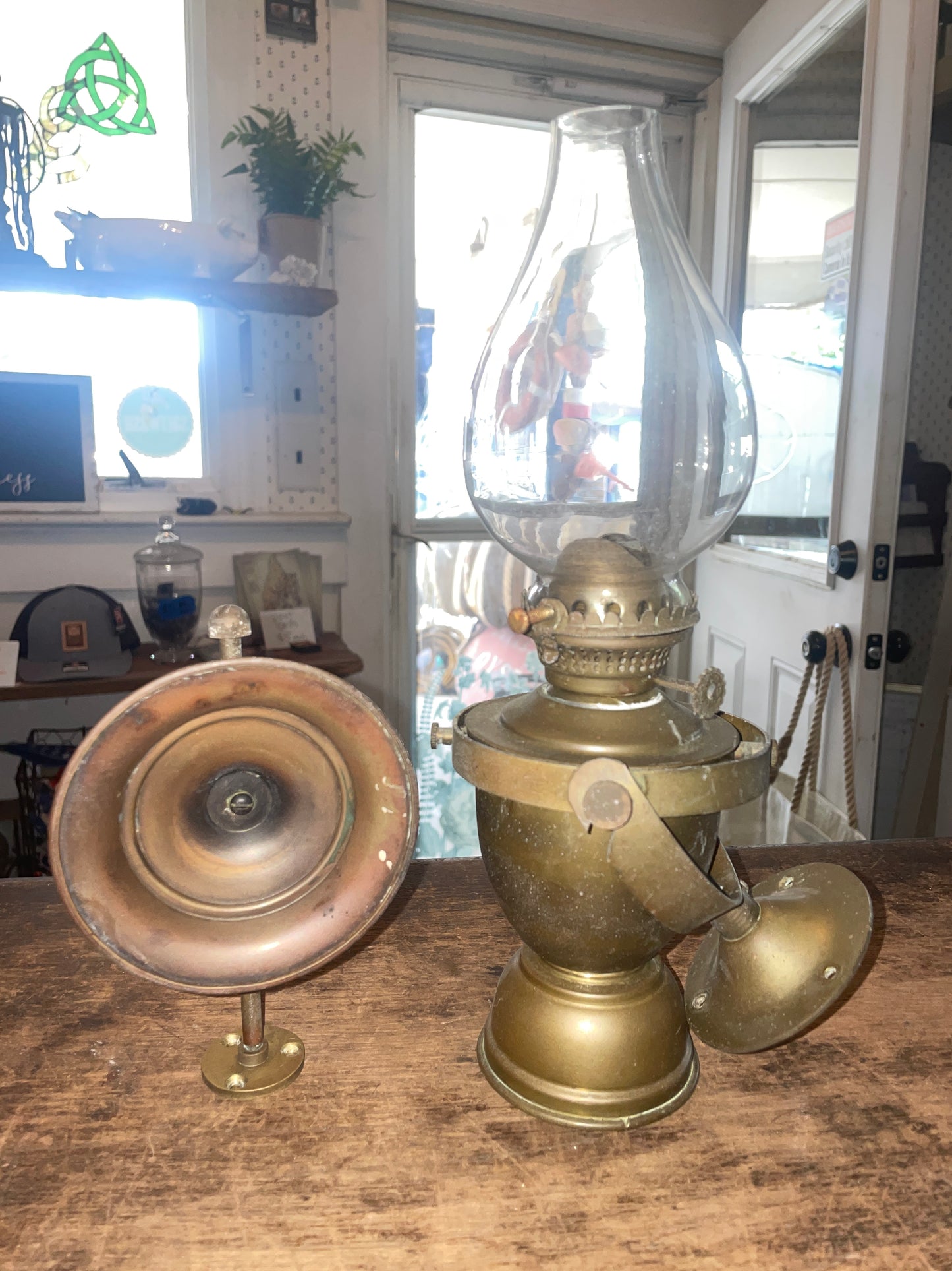 Large Brass Oil Lamp With Gimball & Oil Deflector