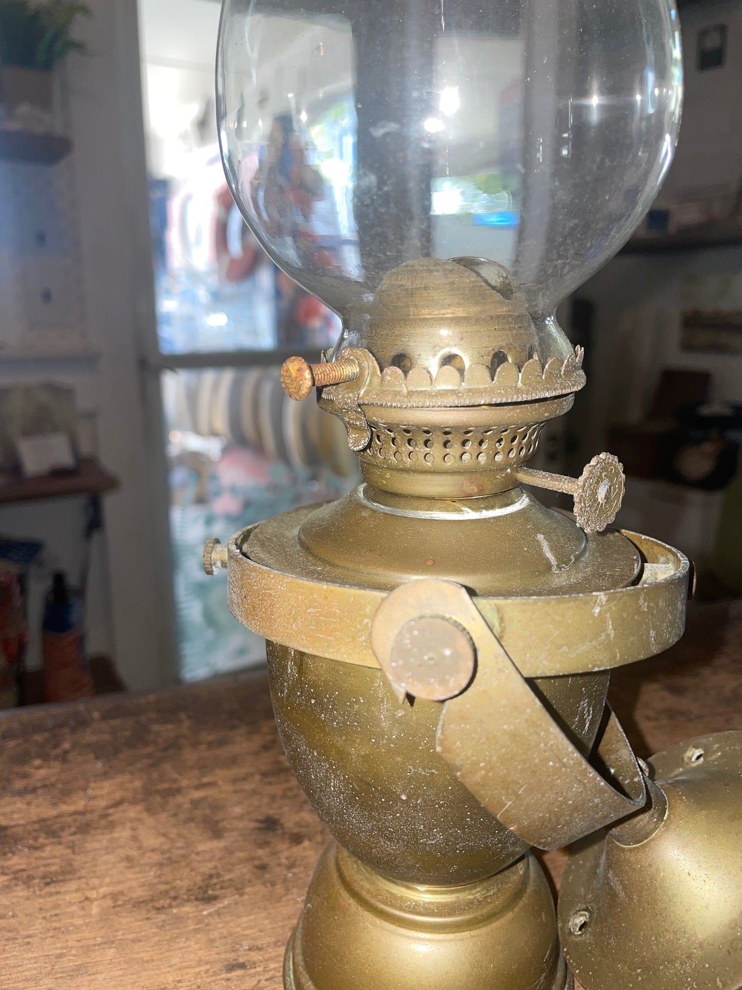 Large Brass Oil Lamp With Gimball & Oil Deflector