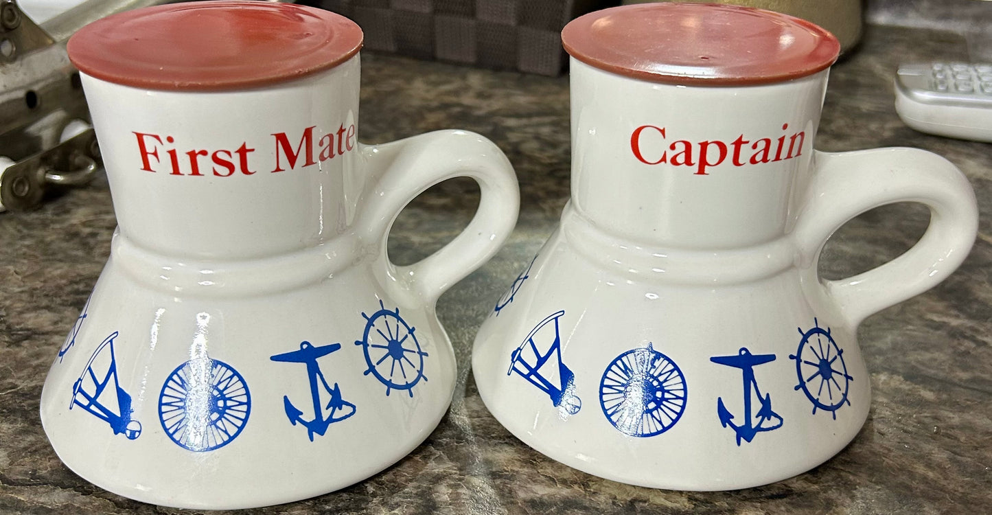 Vintage Feltman Langer Captain & First Mate Nautical Mug Set W/ 2 Caps