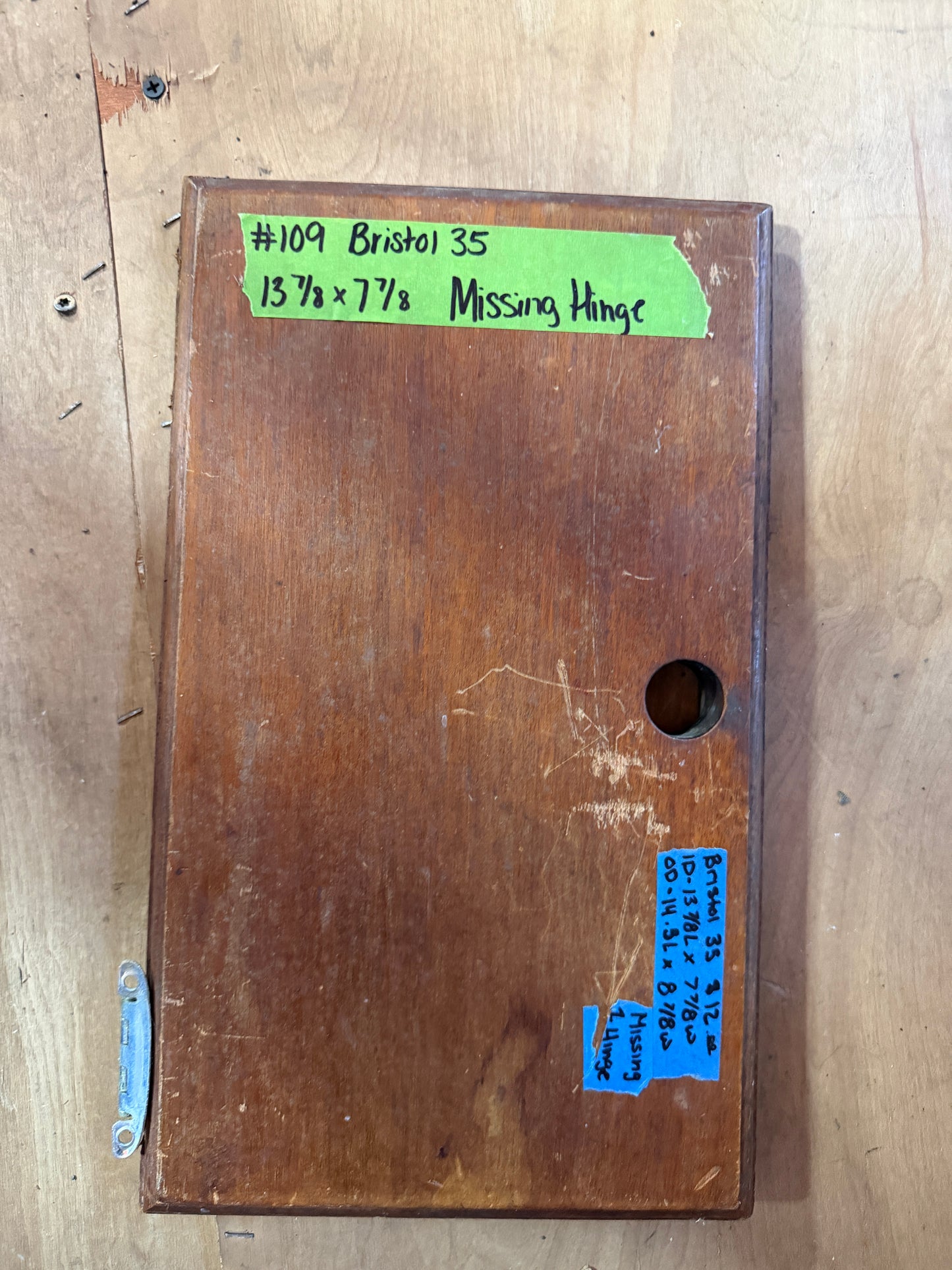 Bristol 35 Small Interior Cabinet Door - Missing Hinge - ID 13 7/8” L x 7 7/8” W #109