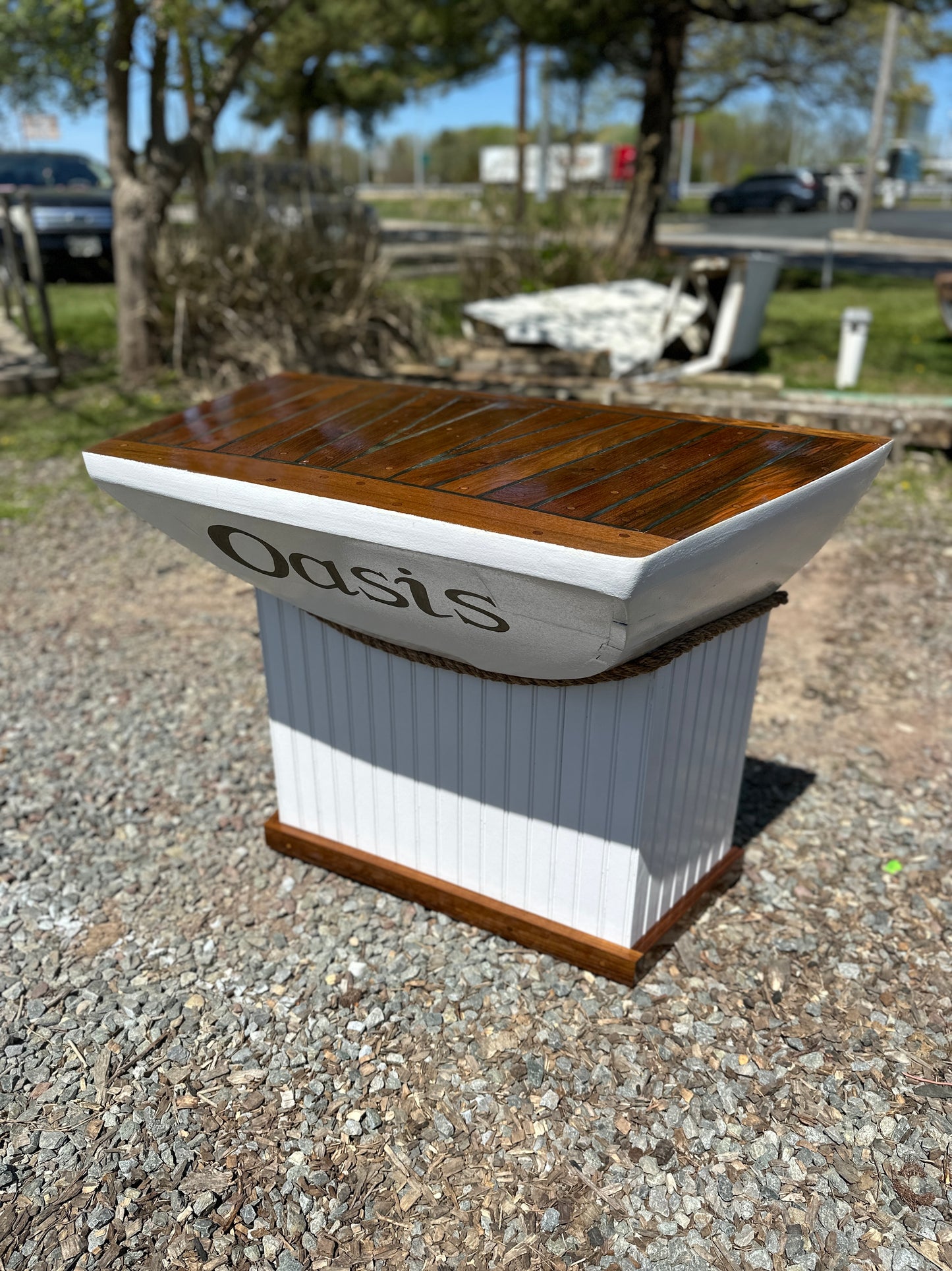 Beautiful Handcrafted Table Made Out Of a 1960’s Wooden Seafarer 23 Transom