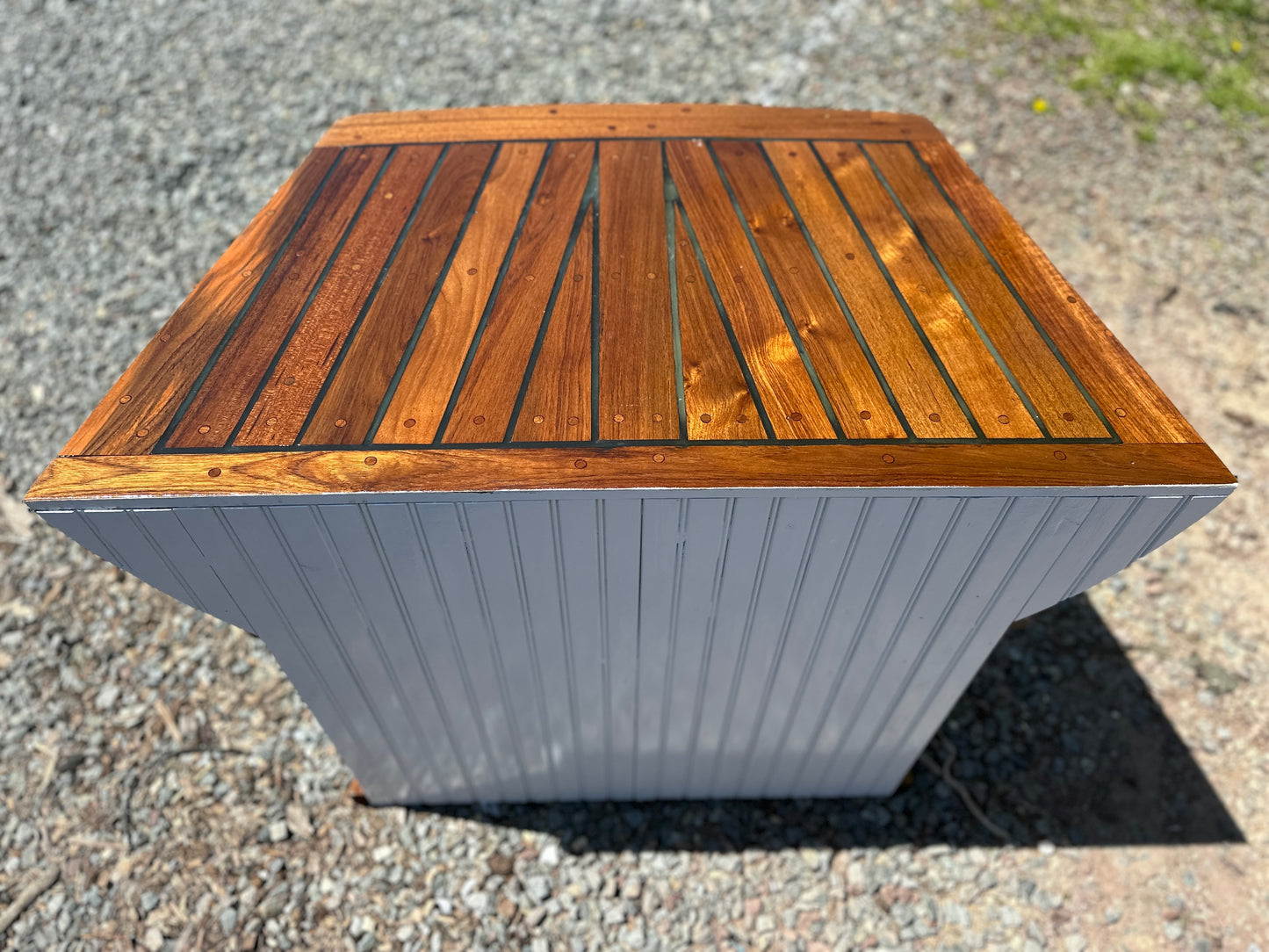 Beautiful Handcrafted Table Made Out Of a 1960’s Wooden Seafarer 23 Transom