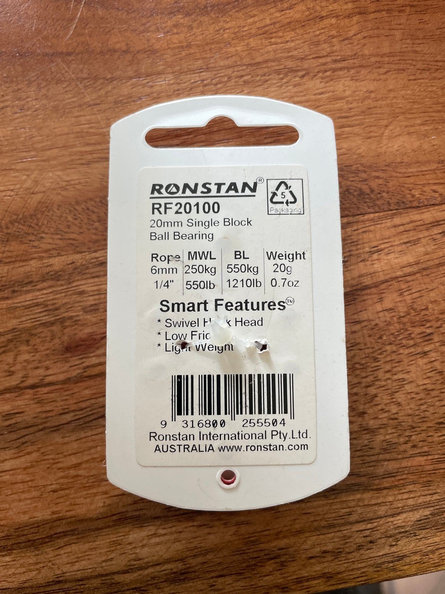 Ronstan RF20100 20mm Single Block Ball Bearing- 6mm Line NEW