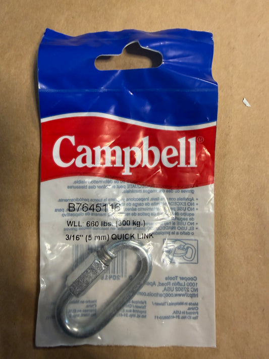 Campbell B7645116 Zinc-Plated Steel Quick Link, 3/16 in, 660 lb