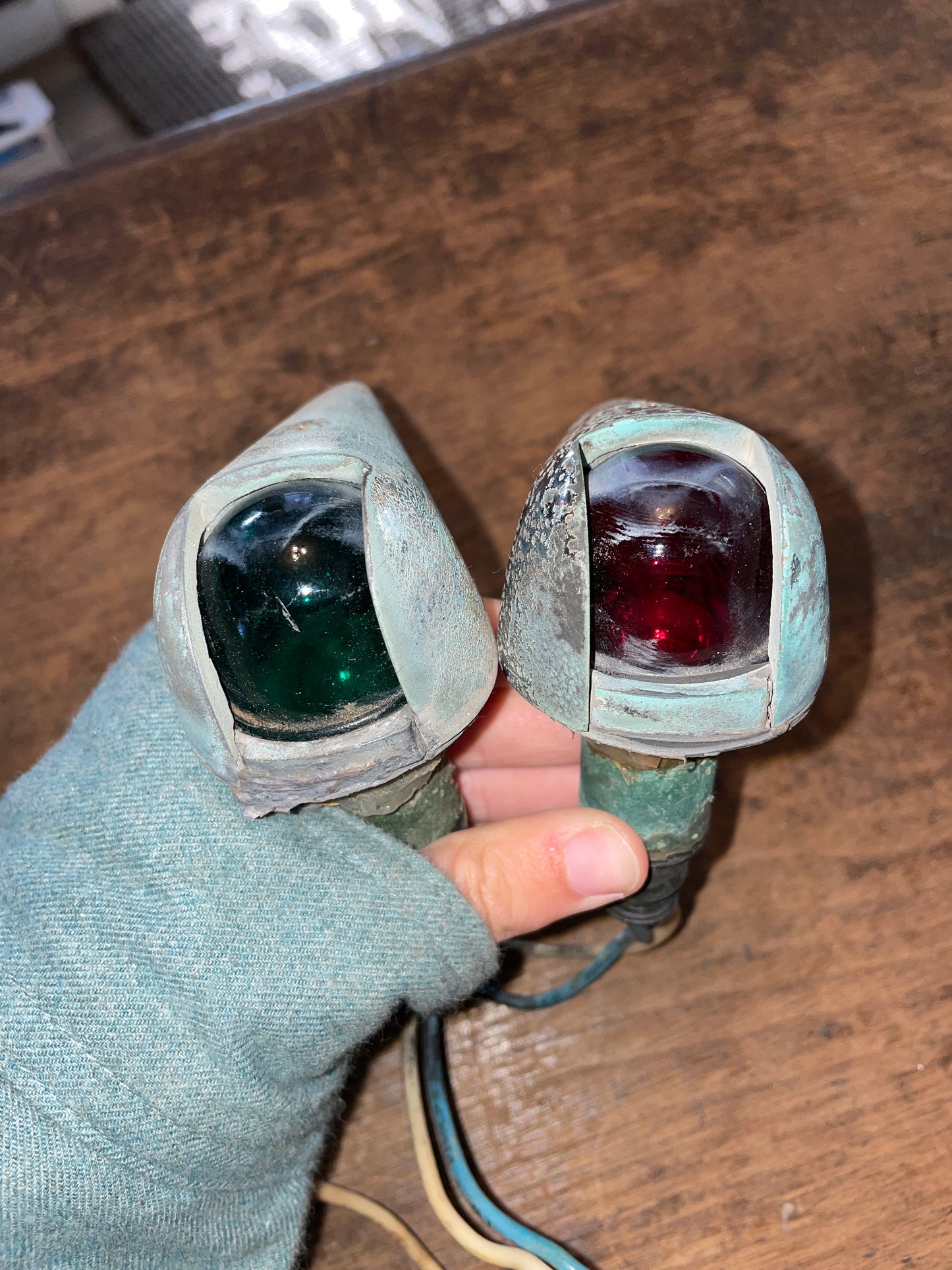 PAIR Vintage. Chromed Bronze Red/Green Glass Lens Navigation Lights