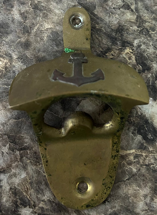 Vintage Solid Brass Wall-Mount Bottle Opener w/ Anchor Nautical Design – 3 3/4"